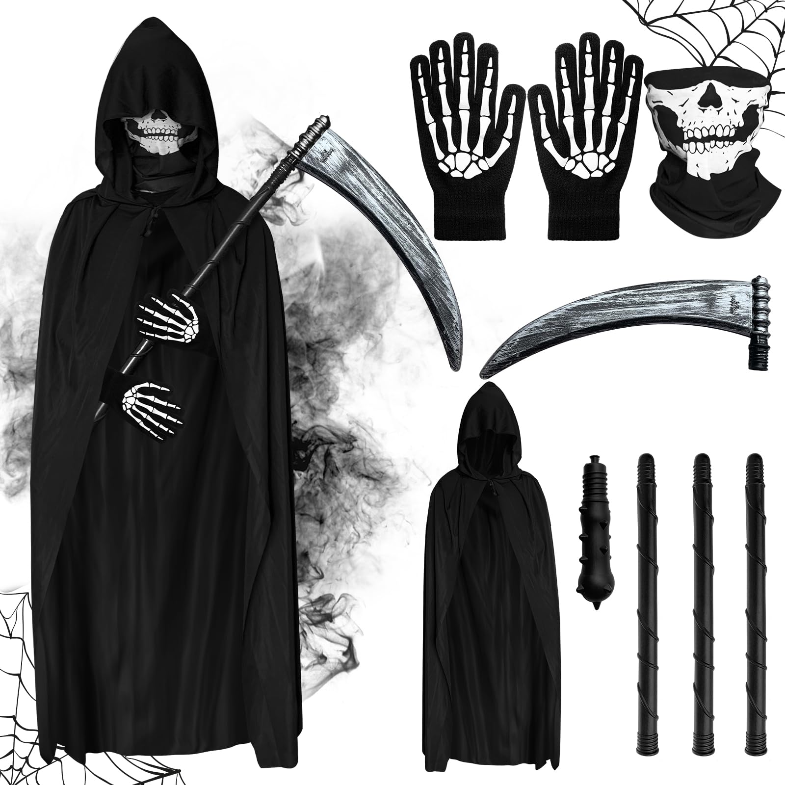 COSBERY Grim Reaper Costume Kids Adult, Boys Mens Halloween Costume Black Cloak with Hood Scythe Skeleton Mask Gloves