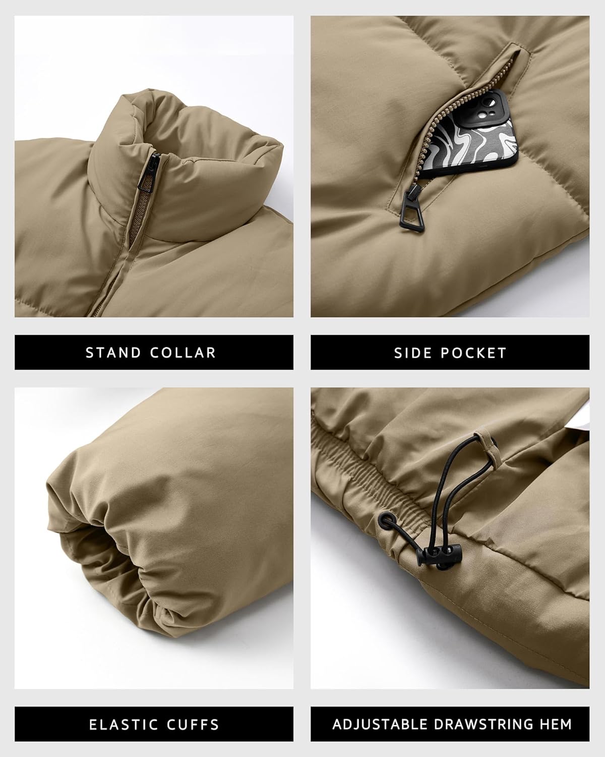 Women’s Cropped Puffer Jacket Long Sleeve Winter Puffy Coat Short Warm Casual Quilted Jackets Khaki S - Image 3