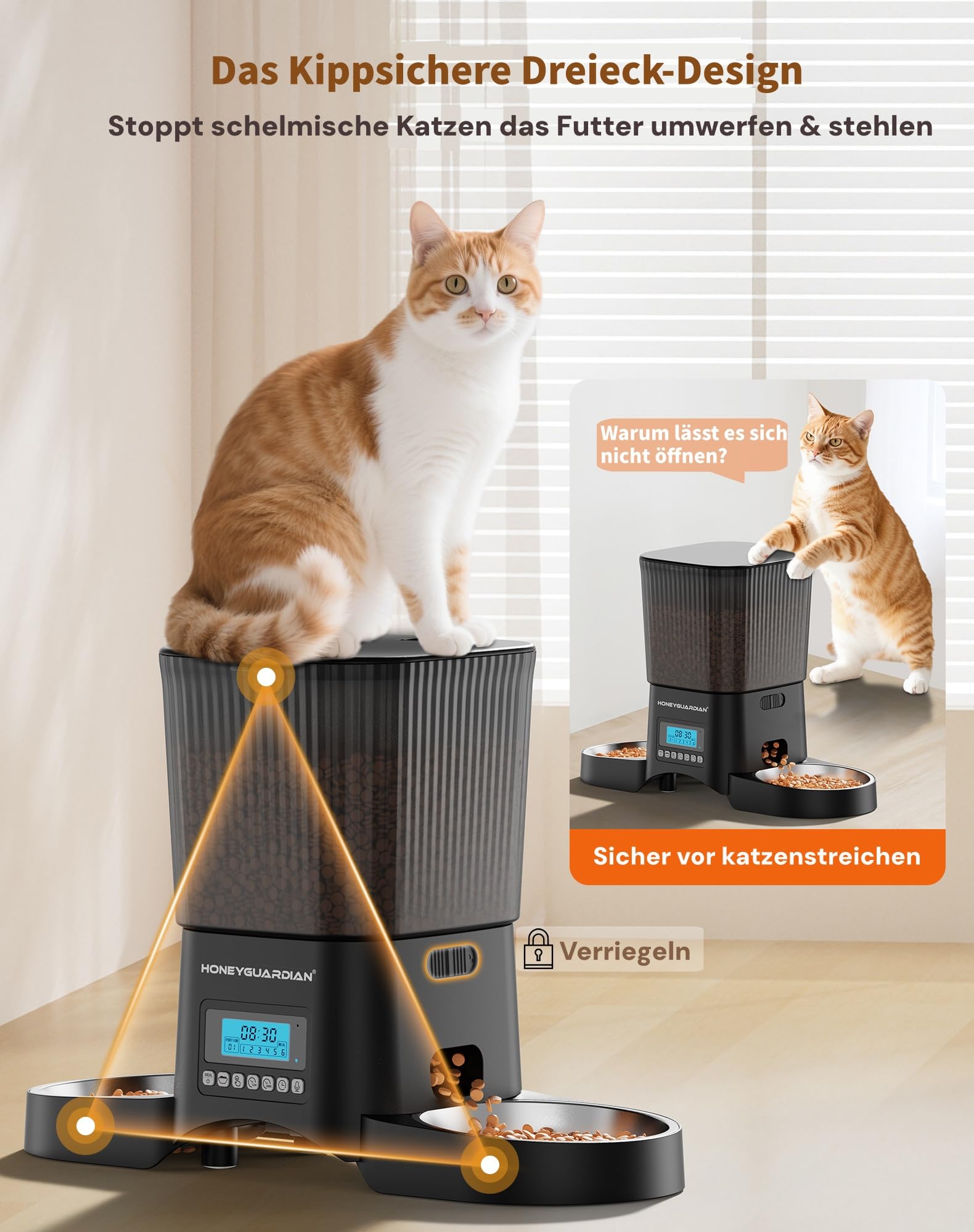 HoneyGuaridan Futterautomat Katze 2 Näpfe, Futterspender für 2 Katzen, Katzenfutter Automat mit 304 Edelstahlnapf, 3.5L Trockenfutter Automat für Katzen, 1-6 Mahlzeiten/Tag, Dual-Stromversorgung