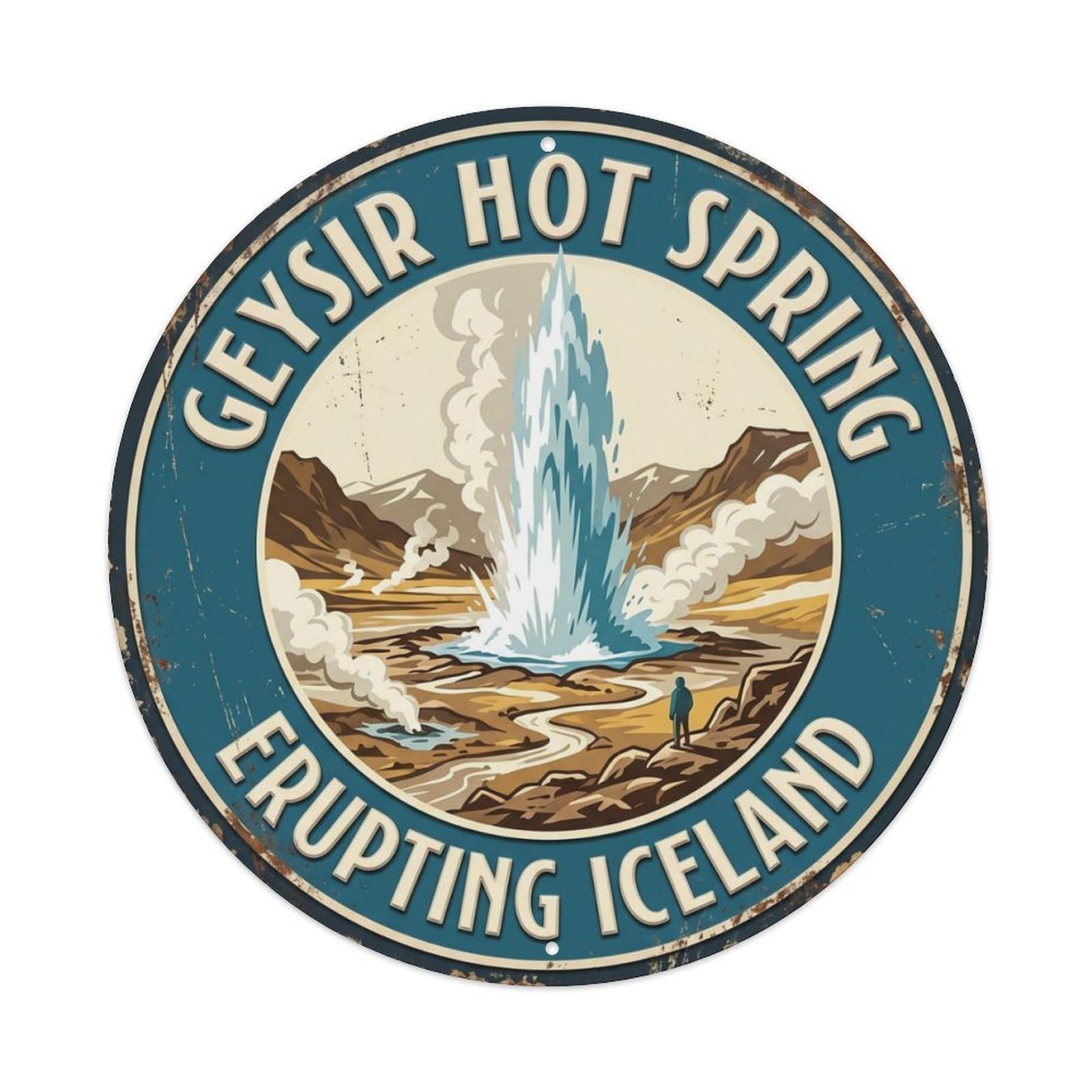 Geysir Hot Spring Erupting Iceland Geyser Metal Tin Sign Plaque Wall Decor for Cafe, Club Bar, Office, Home Garden Round Metal Poster 8x8Inch