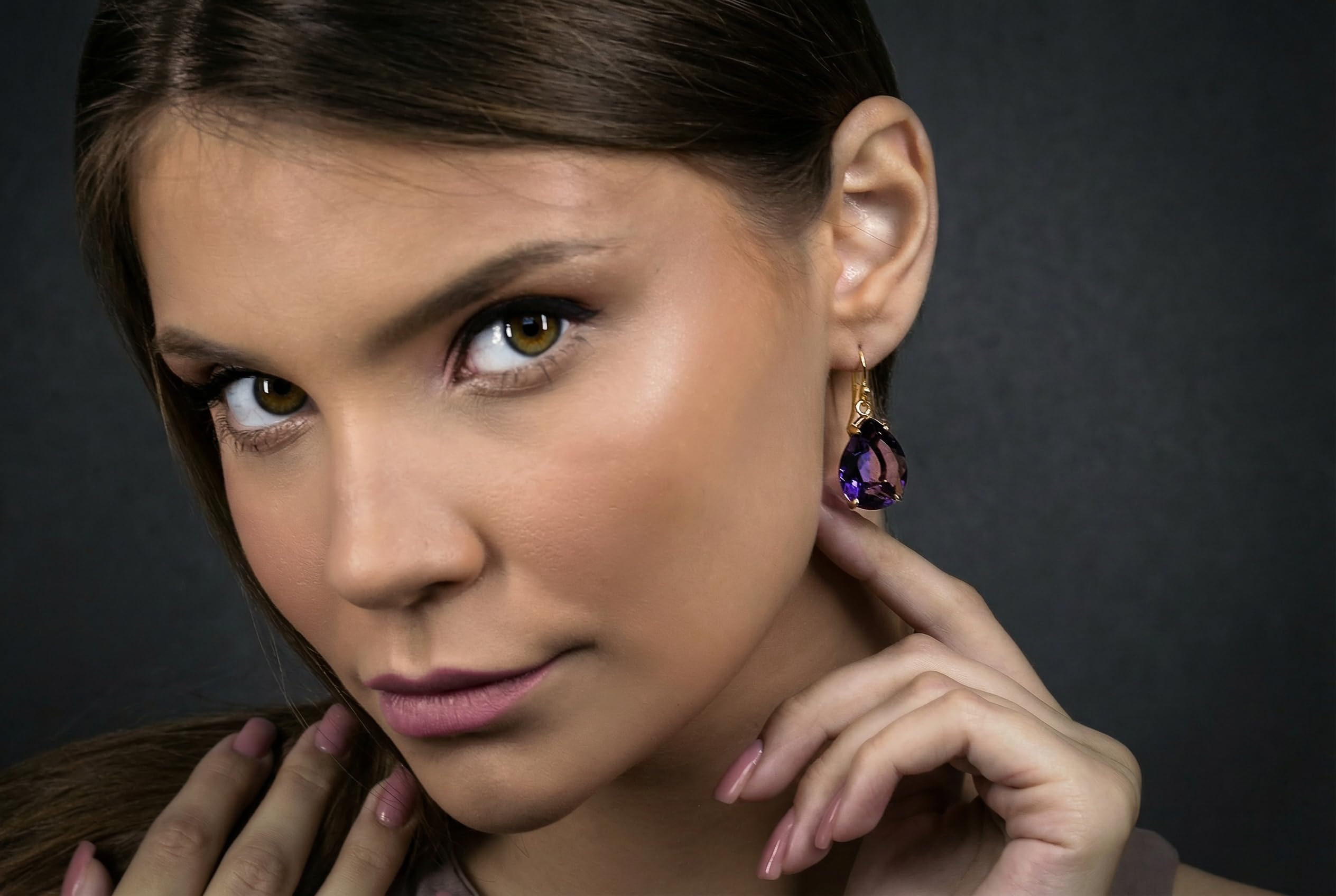 Pendientes de Oro 14k Amatista - Pendientes Colgantes Pera - Febrero Birthstone Pendientes - Profunda Piedra Púrpura Pendientes