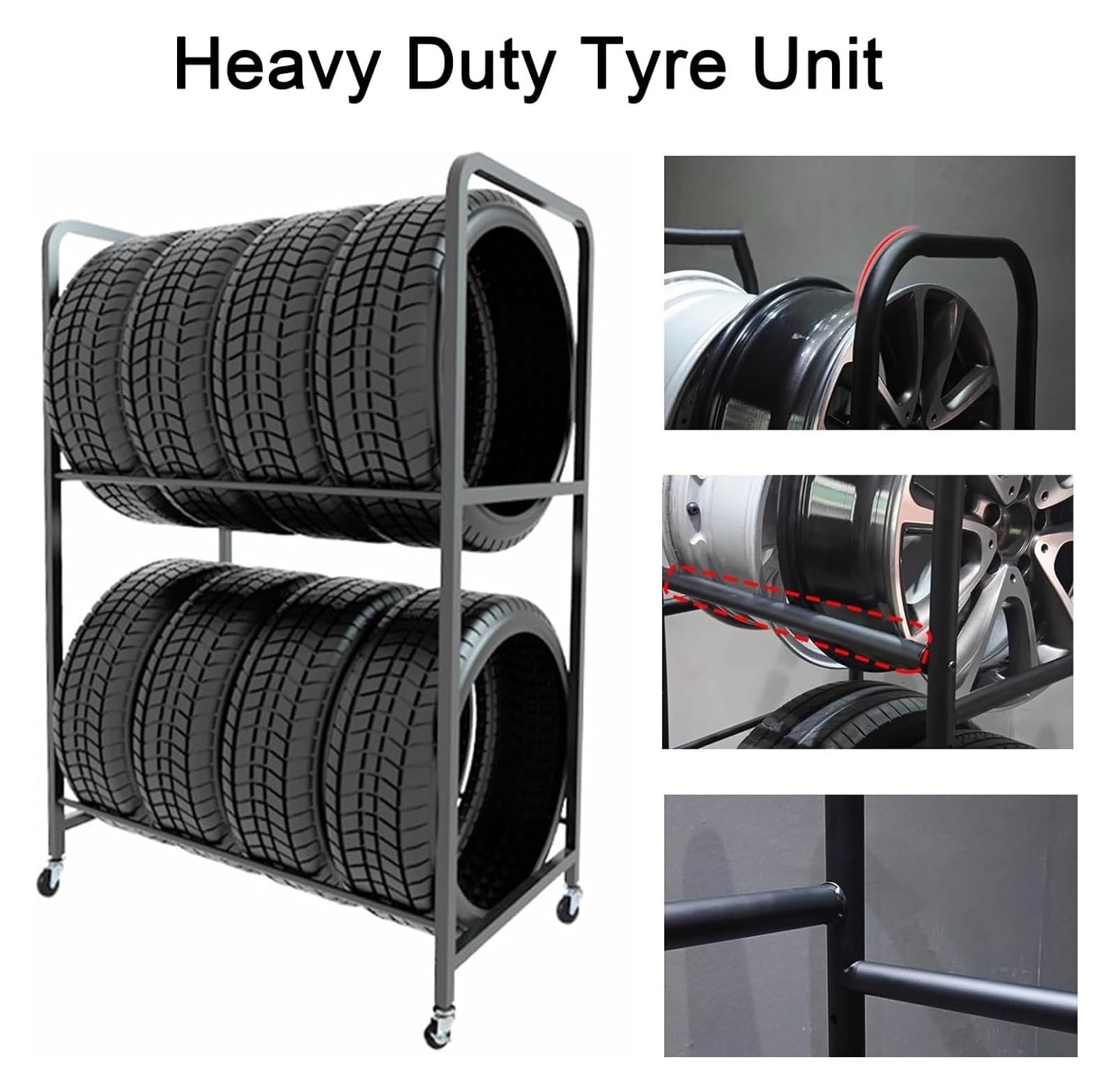 Estante de almacenamiento de neumáticos con ruedas de alta resistencia - Carro móvil for estantes de neumáticos de garaje con 4 ruedas - Fácil instalación, 68x50x128cm for organización de neumáticos