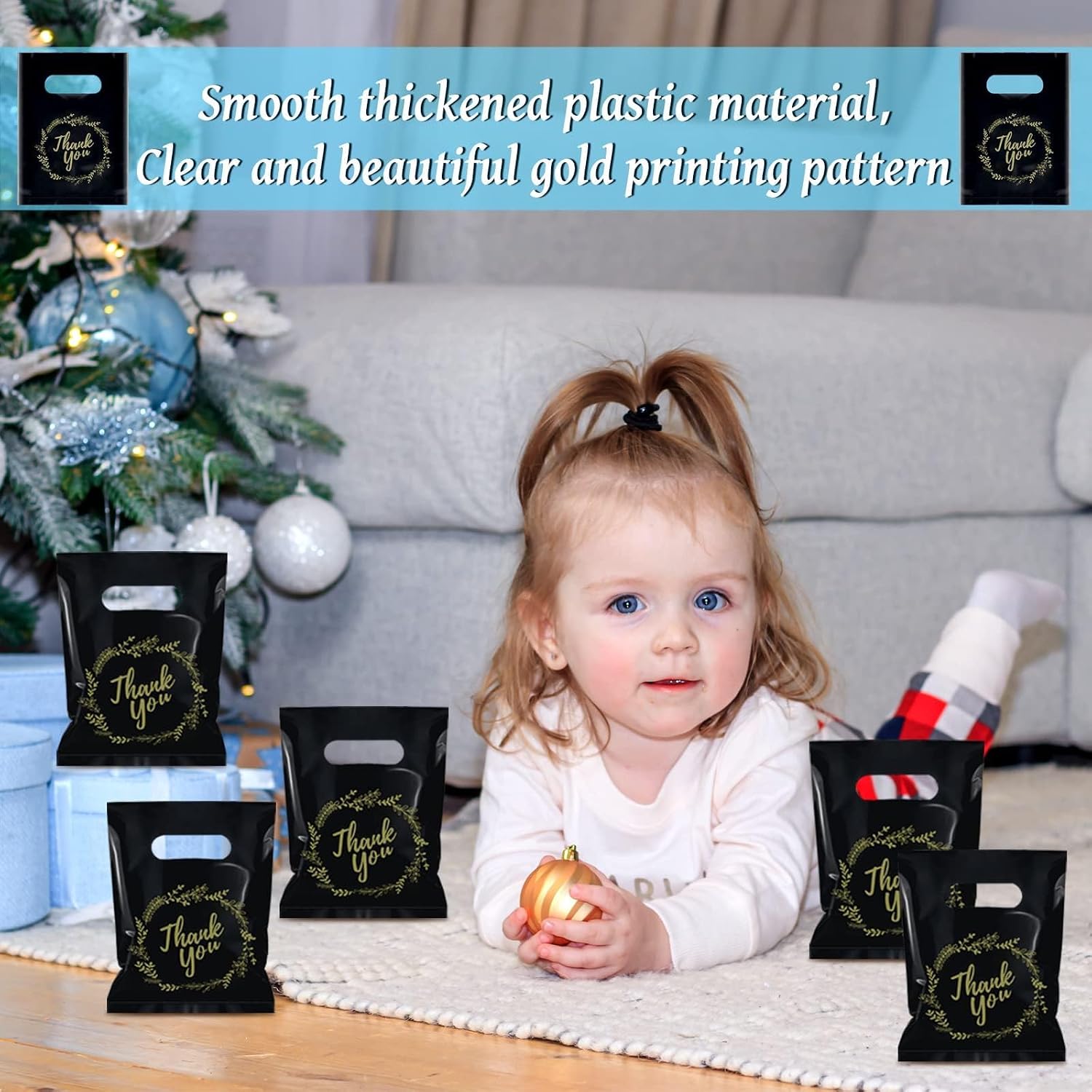 BadenBach 200-Pack Small Thank You Bags, 8" x 6", Black | Plastic Shopping Bags, Bulk Cute Thank You Gift Bags, for Small Business, Retail, Boutique, Wedding Birthday Party Favors