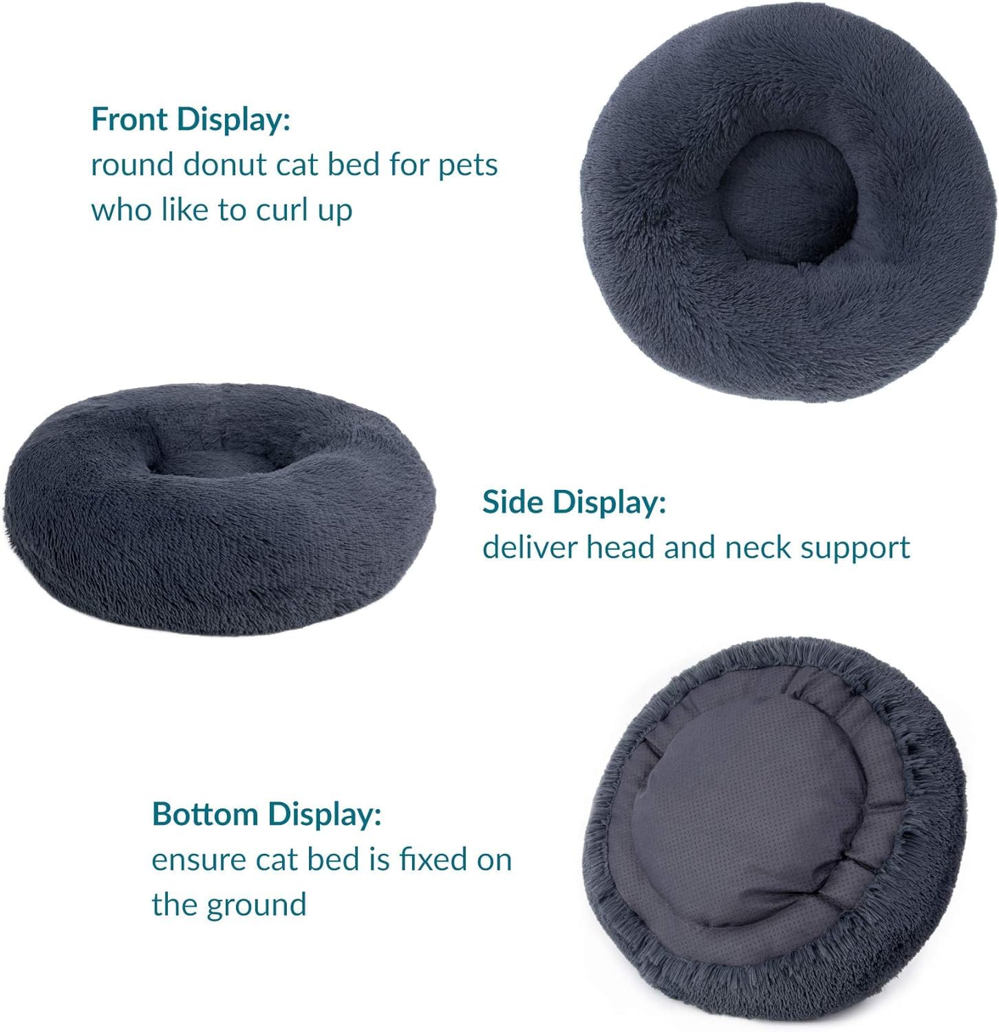 Bedsure Cuccia Gatto Morbida 60x60cm - Cuccia Pelosa per Cani Colore Grigio Scuro, Cuscino Gatto Antistresss con Peluche Lavabile, Lettino Calmante per Gatti