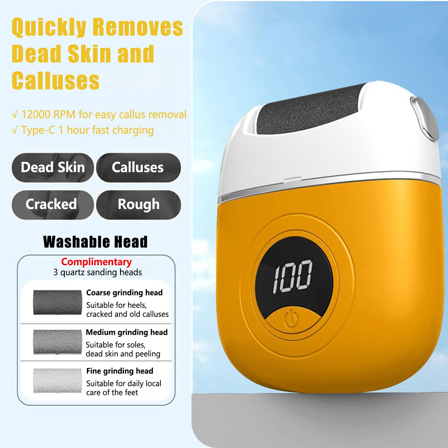 Electric Callus Remover Foot File, Foot Care Grinder with 3 Heads & 2 Speeds, IPX6 Waterproof Portable Rechargeable Electric Callus Remover, Foot Care Tool Foot Scrubber File for Men Women (Orange) - Image 2