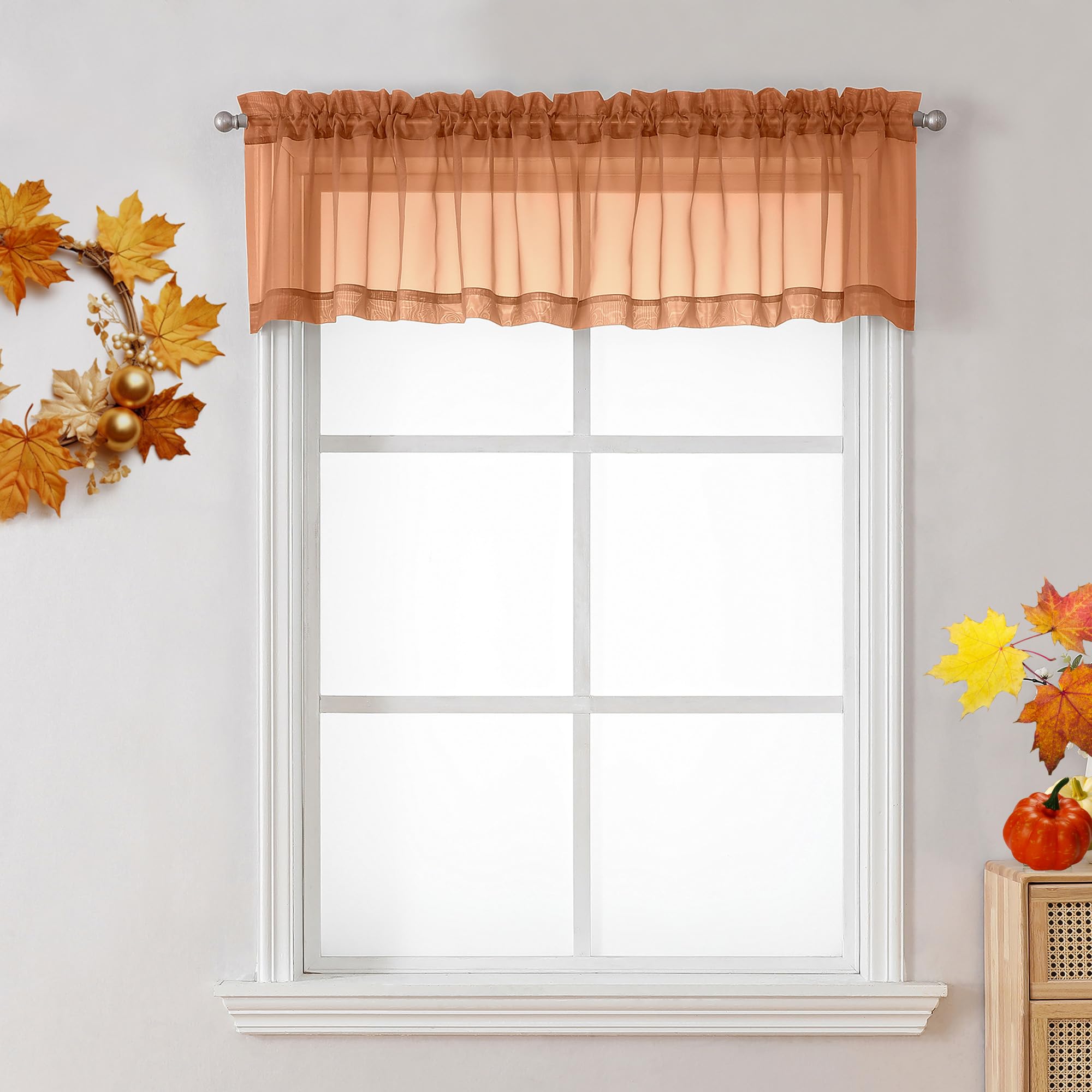 OVZME 2 Panels Orange Sheer Valance - Short Fresh Curtain Valances for Windows Basement Semi Sheer Valances for Kitchen Window Dressing with Dual Rod Pocket (Orange, 42 by 14 Inches Long)