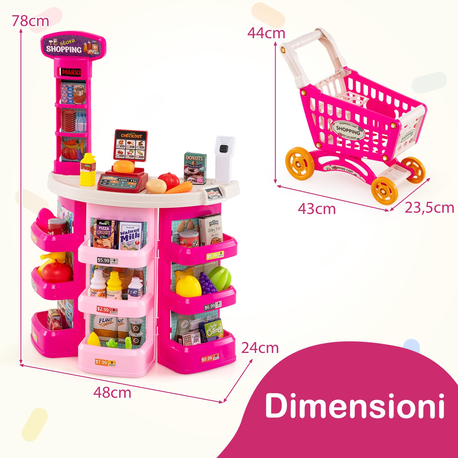 Supermercato per Bambini con Banco, Carrello della spesa e Cestino, Bilancia Simulata, Cassa con Effetti di Luce e Suono, Supermercato Giocattolo con 76 Accessori per Bambini 3+ Anni (Rosa)