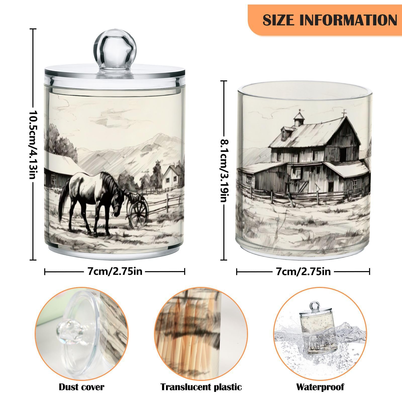 Coikll Horse and Barn Qtip Holder with Lid 2PCS Apothecary Jars Storage Containers, Clear Plastic Canister for Cotton Swab,Floss Picks, Cosmetics