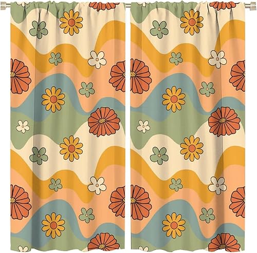 Cortinas coloridas retro florales para cocina, diseño bohemio de los años 70 con estampado estético de margaritas, decoración opaca con bolsillo