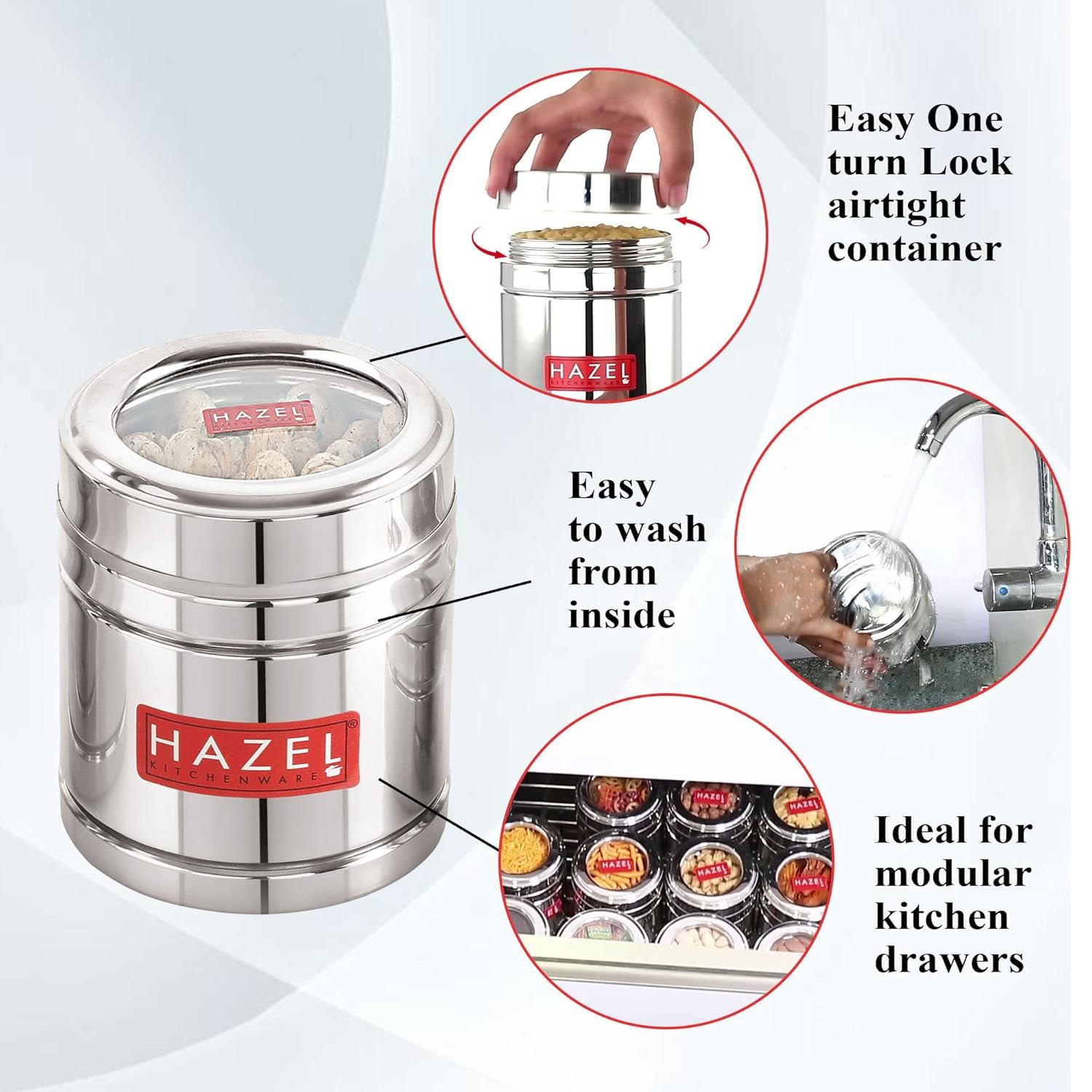 HAZEL Recipiente de acero para café con tapa transparente | Caja de almacenamiento de café en polvo para cocina | Recipiente de cocina de acero de grado alimenticio, juego de 2, 500 ml