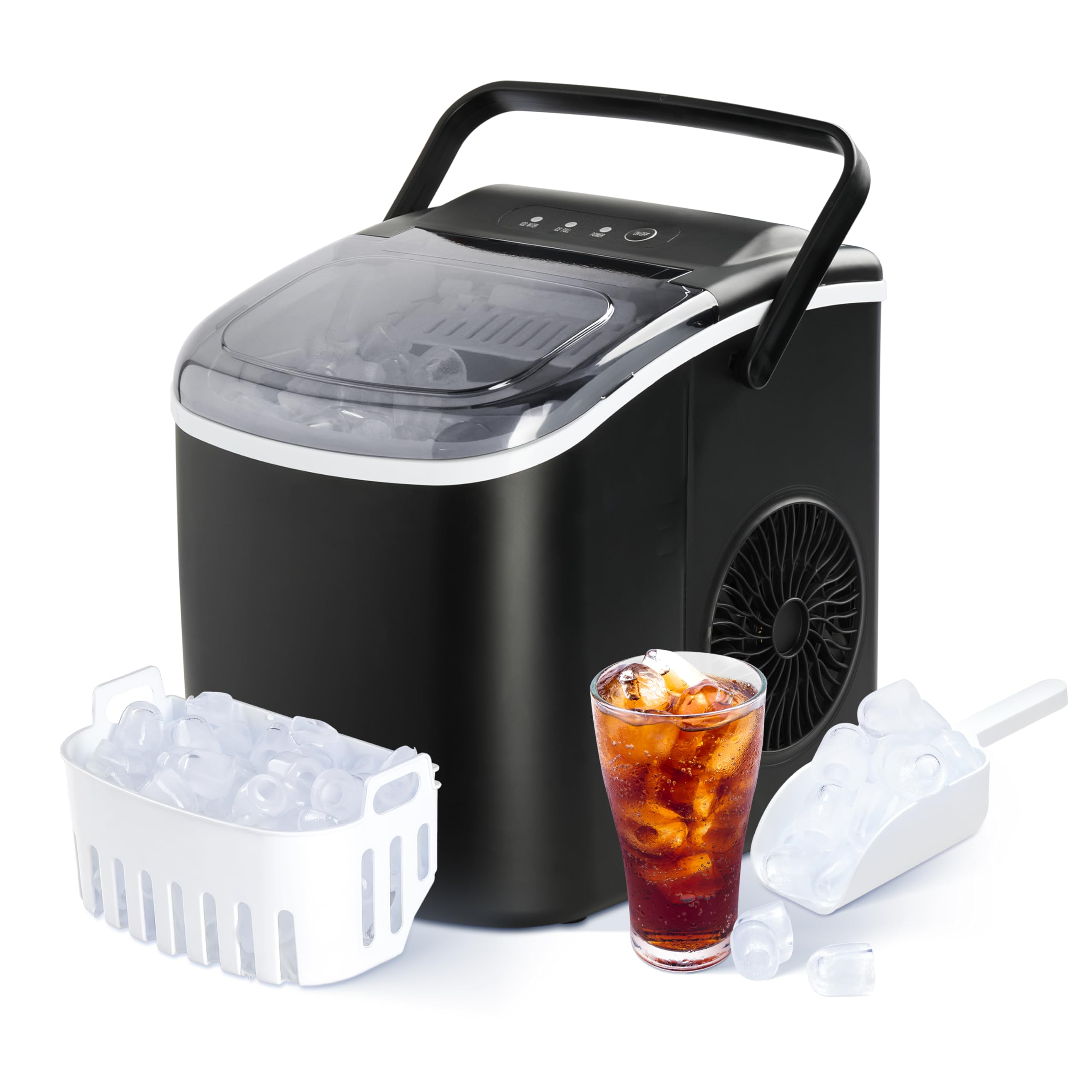 Máquina para hacer hielo de encimera de lujo simple, 6 minutos, 9 cubos de hielo, 12 kg de hielo por día, 6 kg, máquina de hielo autolimpiable con asa, cesta y cuchara para fiestas en casa, oficina, color negro