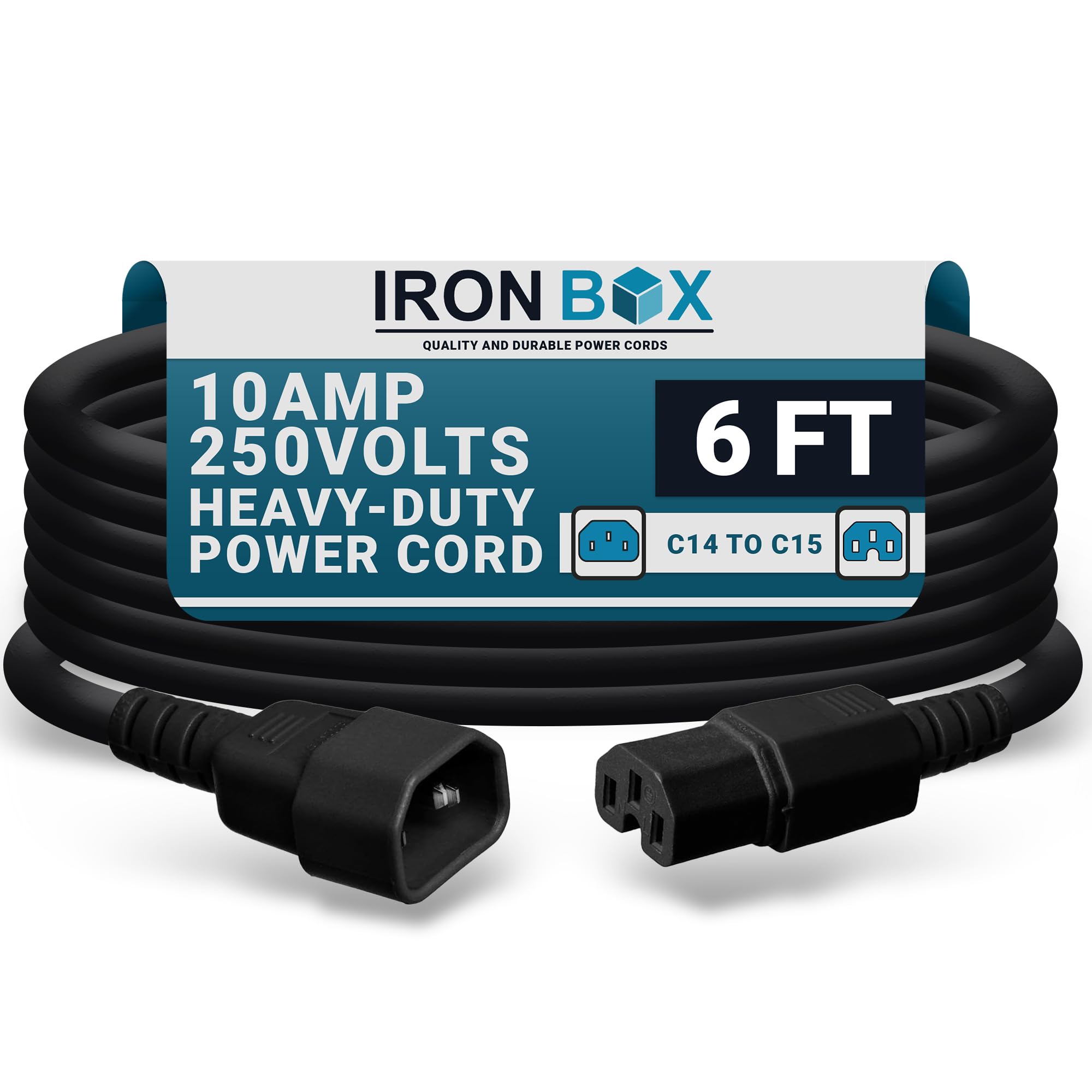 IronBox Electric - Heavy-Duty C14 to C15 PC Power Cable - 10A, 250V, 18/3 SJT - IEC 320 Computer Power Supply Extension Cords - PSU Wire Connectors - Versatile for Home and Office Use(Black, 6 Foot)