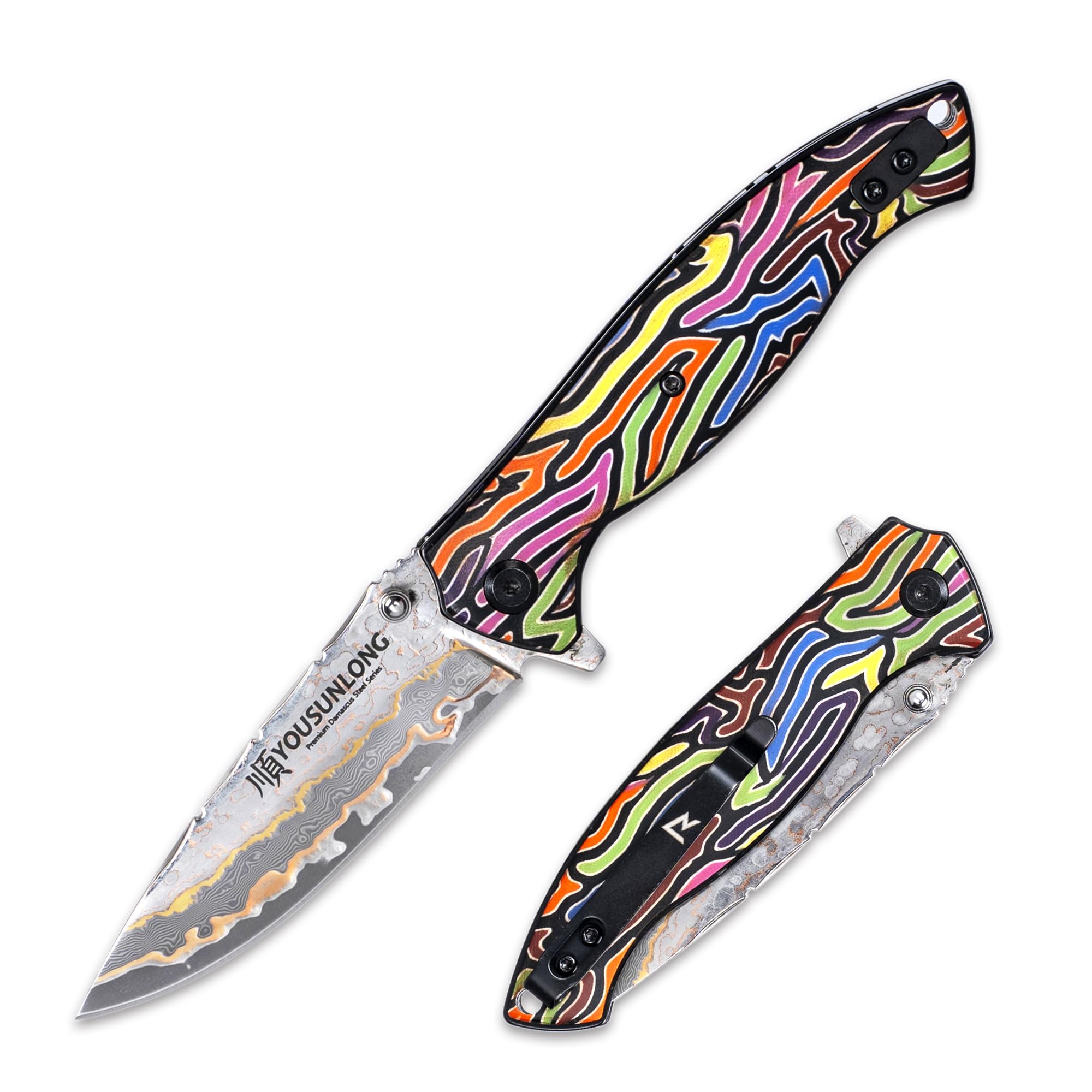 YOUSUNLONG Coltello tascabile pieghevole da campeggio EDC - Lama in acciaio damasco CuMai - Rivestimento in G10 multicolore