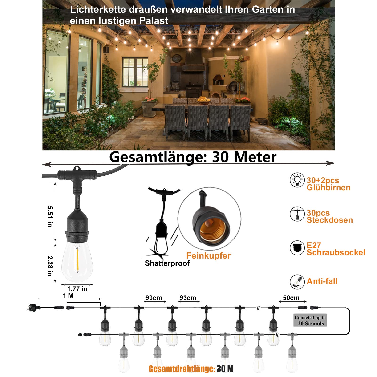 Lichterkette Außen 30M ST45 LED Lichterkette Glühbirnen außen Warmweiß 2700K Lichterkette Glühbirnen IP65 Wasserdicht 30 X 1W E27 Glas Birnen für Hochzeit Party