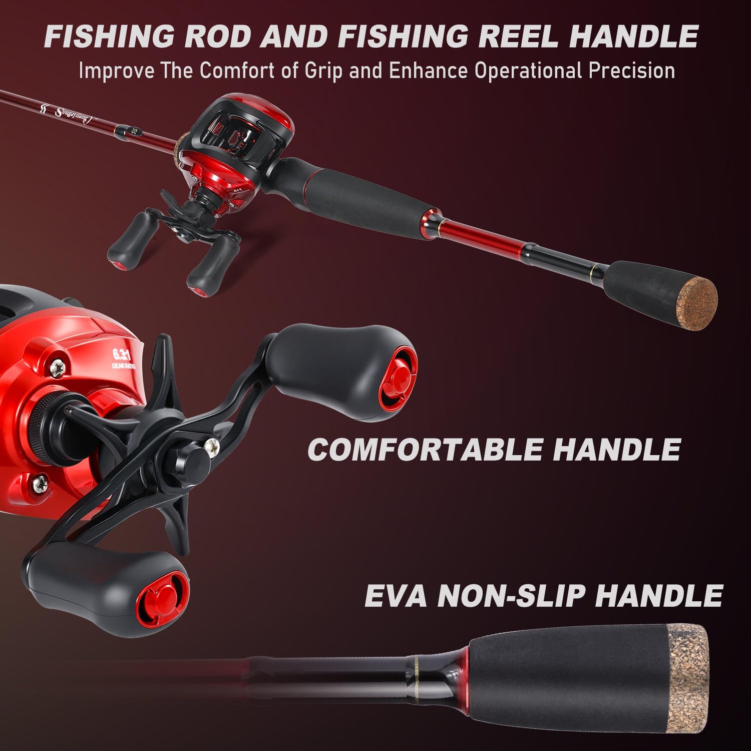 Sougayilang Fishing Rod and Reel Combo，Baitcaster Combo,5.9ft/6.9ft Carbon Fishing Pole,Lightweight Aluminum Spool Reel,Stainless-Steel Guides & Ergonomic Cork Grip