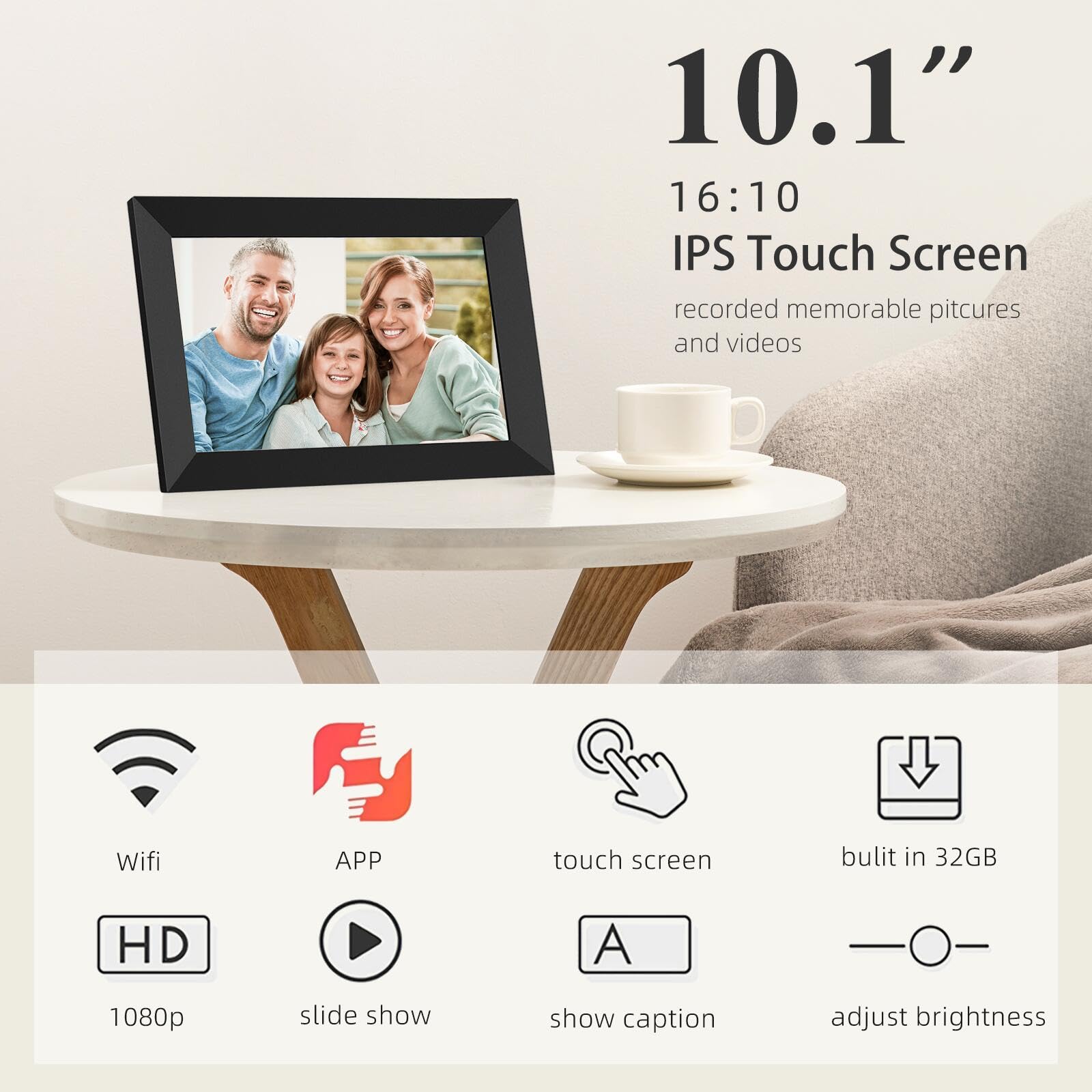 YUUTY WLAN Digitaler Bilderrahmen, 10,1 Zoll 32GB Elektronischer Bilderrahmen, 1280x800 HD IPS LCD Touchscreen Foto Rahmen, Automatische Rotation, Teilen Sie Fotos Sofort Von überall Aus