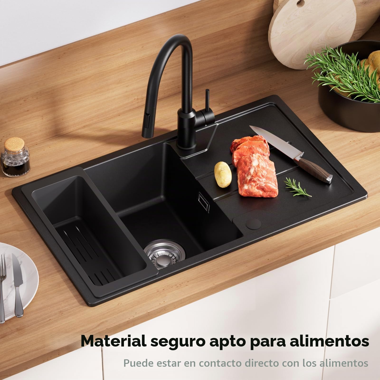 CECIPA Fregadero de cocina de granito negro 78 x 45 cm, con cesta colador, con instalación reversible, fregadero de cocina empotrable con sifón y juego de desagüe y rebosadero