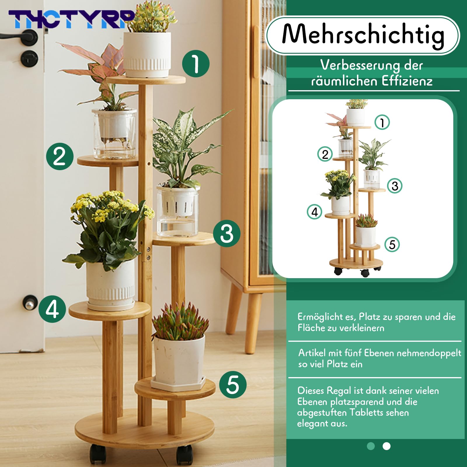Bambus Blumenständer mit Rollen, Hoch & Niedrig | Pflanzenständer für Wohnzimmer & Balkon, Innenblumenständer mit Rädern, Mehrstöckig