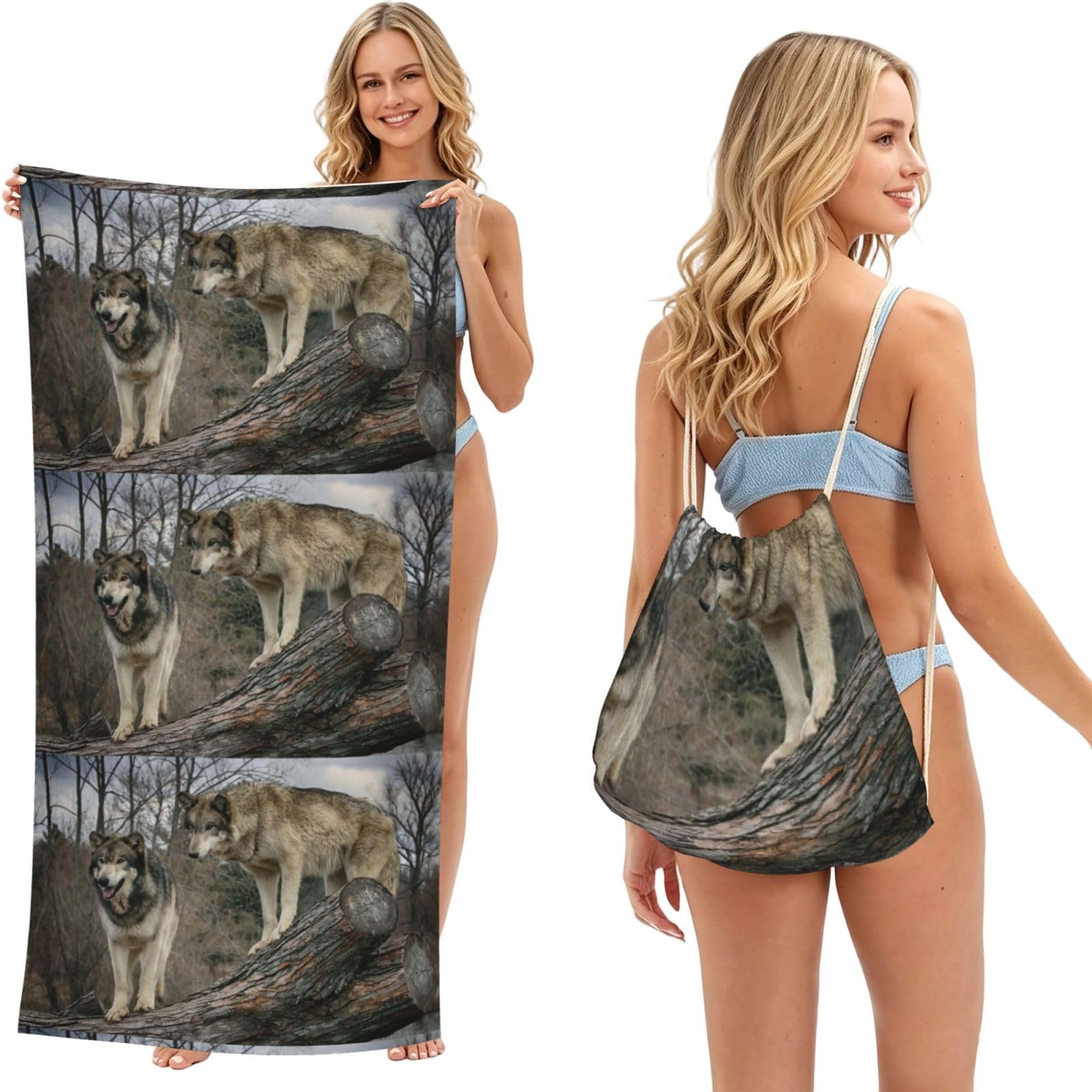 Poadnly As Picture Wolf Printed, 2 In 1 Packable Towel Bag, Beach Towels With Drawstring Backpack For Travel Holiday Camping