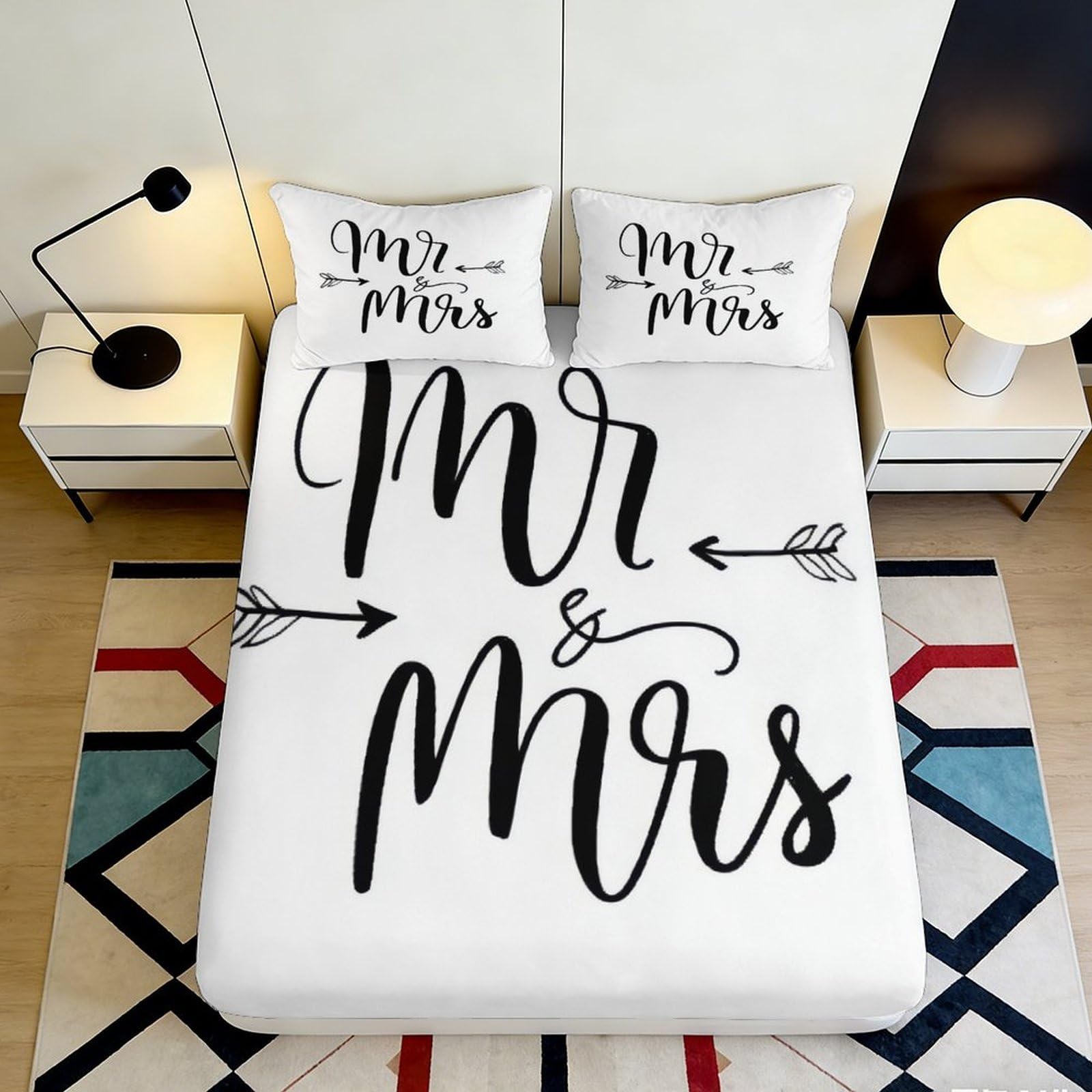 3D Printed Mr & Mrs Fitted Sheet Microfiber Soft Bed Cover Arrow Design Bedroom Decor Slip Resistant Easy Care 90x200x25cm