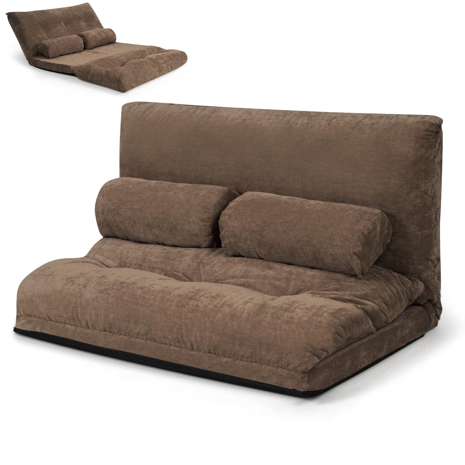 COSTWAY Double Folding Sofa Bed, 6-Position Adjustable Lounger Sleeper Seat Chair with 2 Pillows, Home Office Convertible Floor Lazy Sofa Bed for Living Room Bedroom (Coffee)