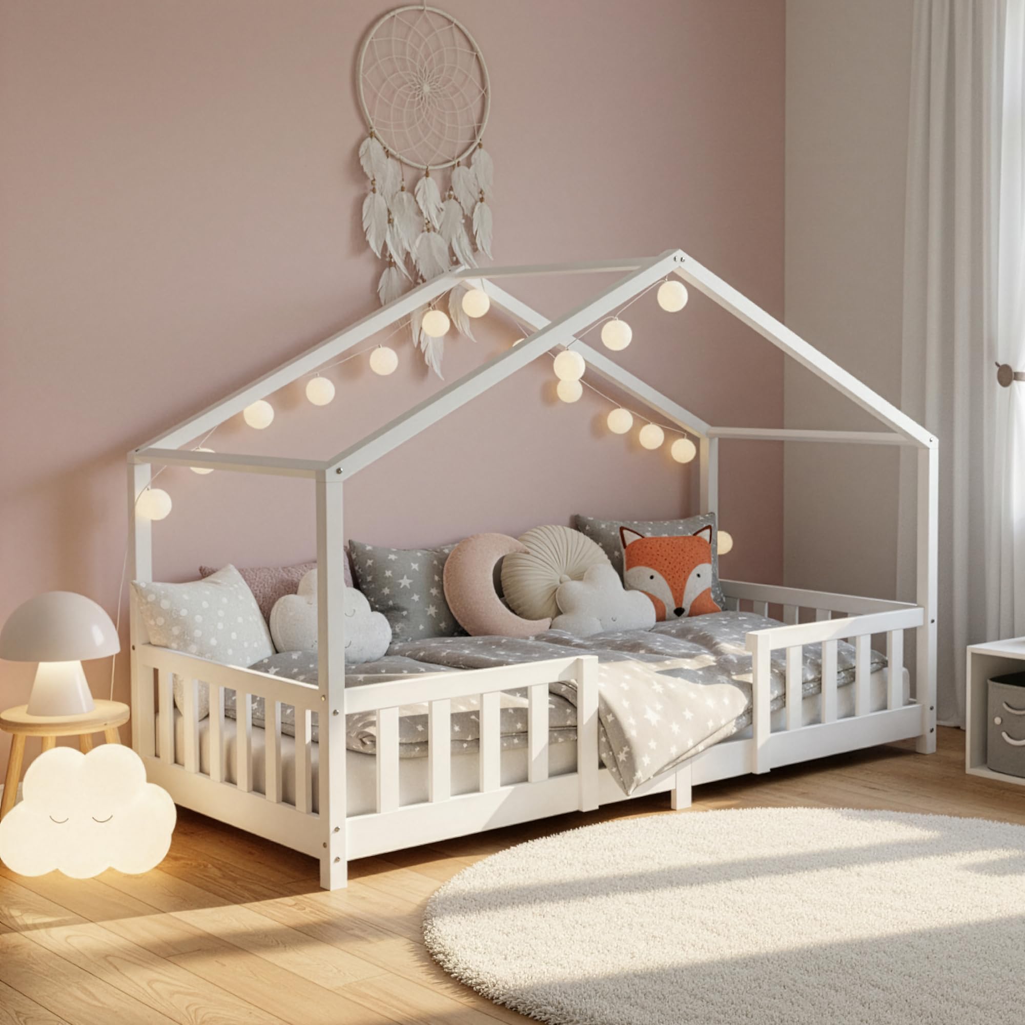 [en.casa] Letto per Cameretta a Forma di Casetta con Barriera di Protezione Letto Singolo per Bambini Struttura in Legno di Pino 70 x 140 cm Bianco