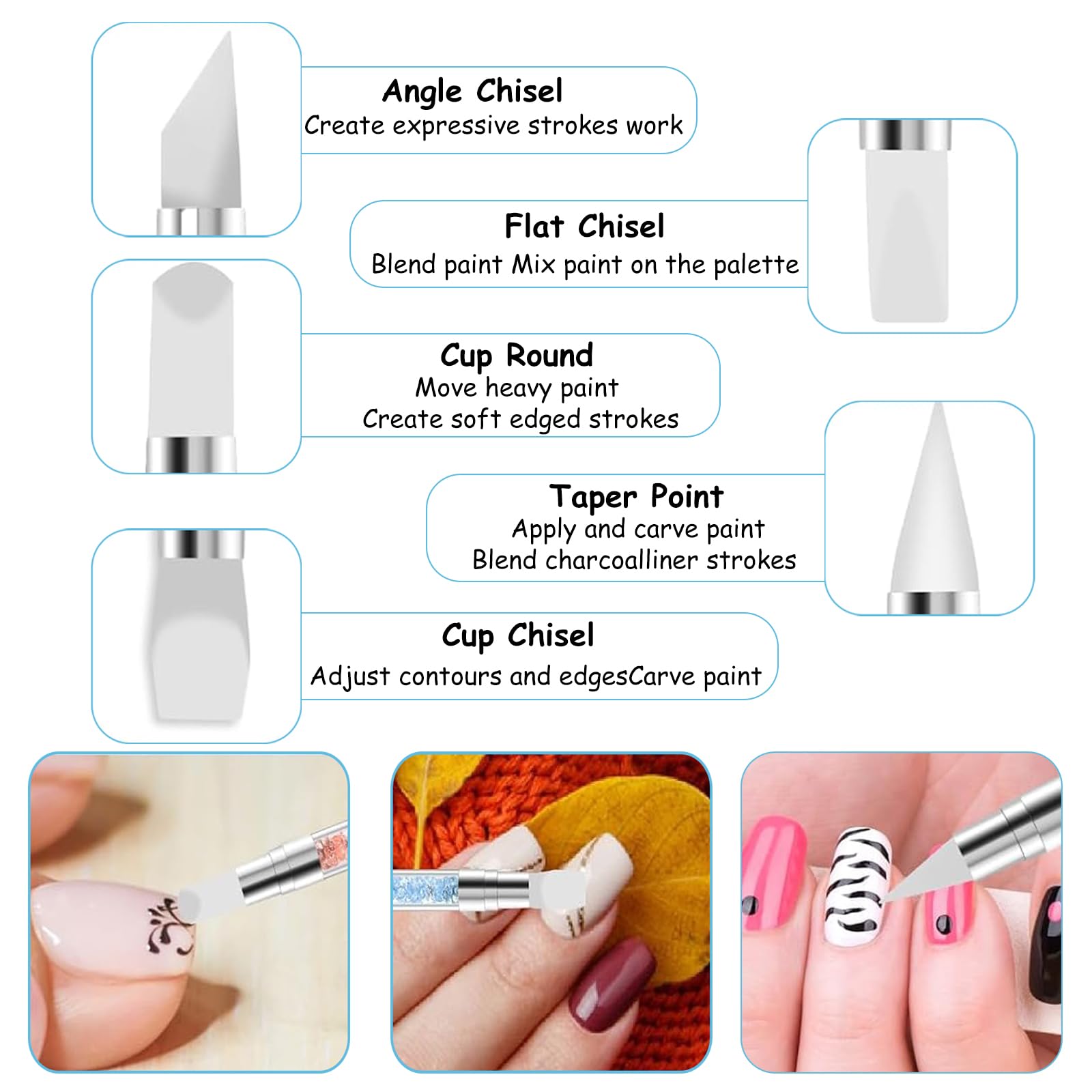 AXERHK Silicone Nail Tool, 13Pcs Nail Art Tools, 5Pcs Silicone Carving Pens, 5Pcs Dotting Pens, 3Pcs Detail Brushes - Image 3