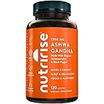 NutriRise Organic Ashwagandha Root Capsules with Black Pepper, 1300mg, Natural Stress & Mood, Thyroid, and Immune Support Supplement, Clarity, Focus & Energy, Gluten Free, 120 Count