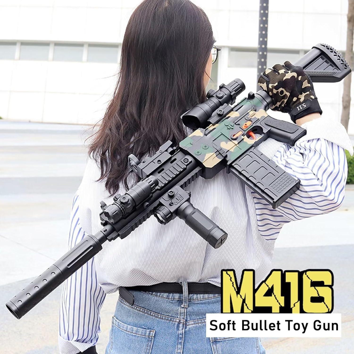 HK416 - Juego de lanzadores de espuma con 20 balas de espuma | Diseño fiel, balas suaves de EVA, riel táctico, disparo en serie, alcance óptico de 4 vías