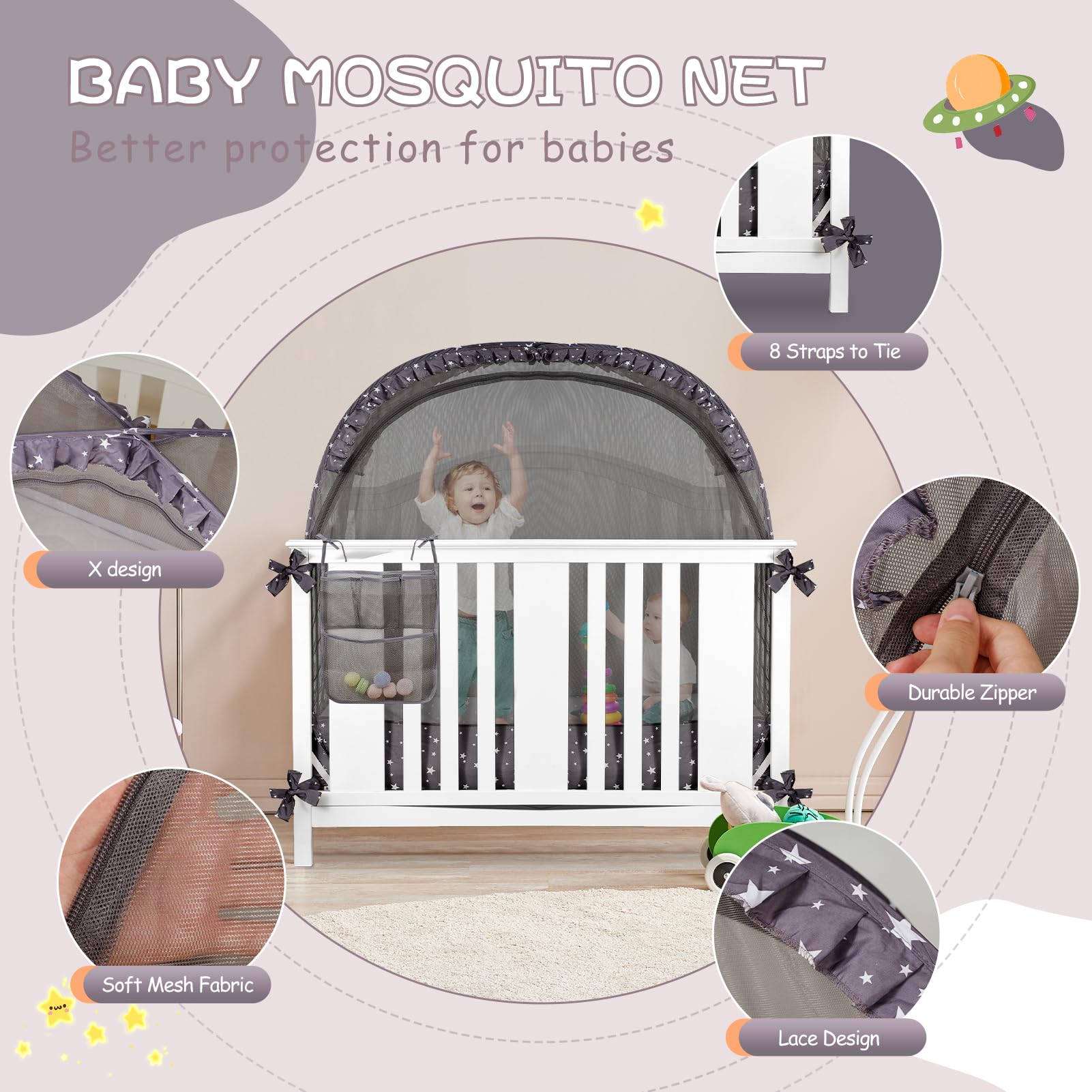 Baby Crib Tent, Safety Pop Up Crib Net to Keep Baby from Climbing Out, Crib Cover to Baby in, Protects from Mosquitoes, Safety Net, Canopy Netting Cover