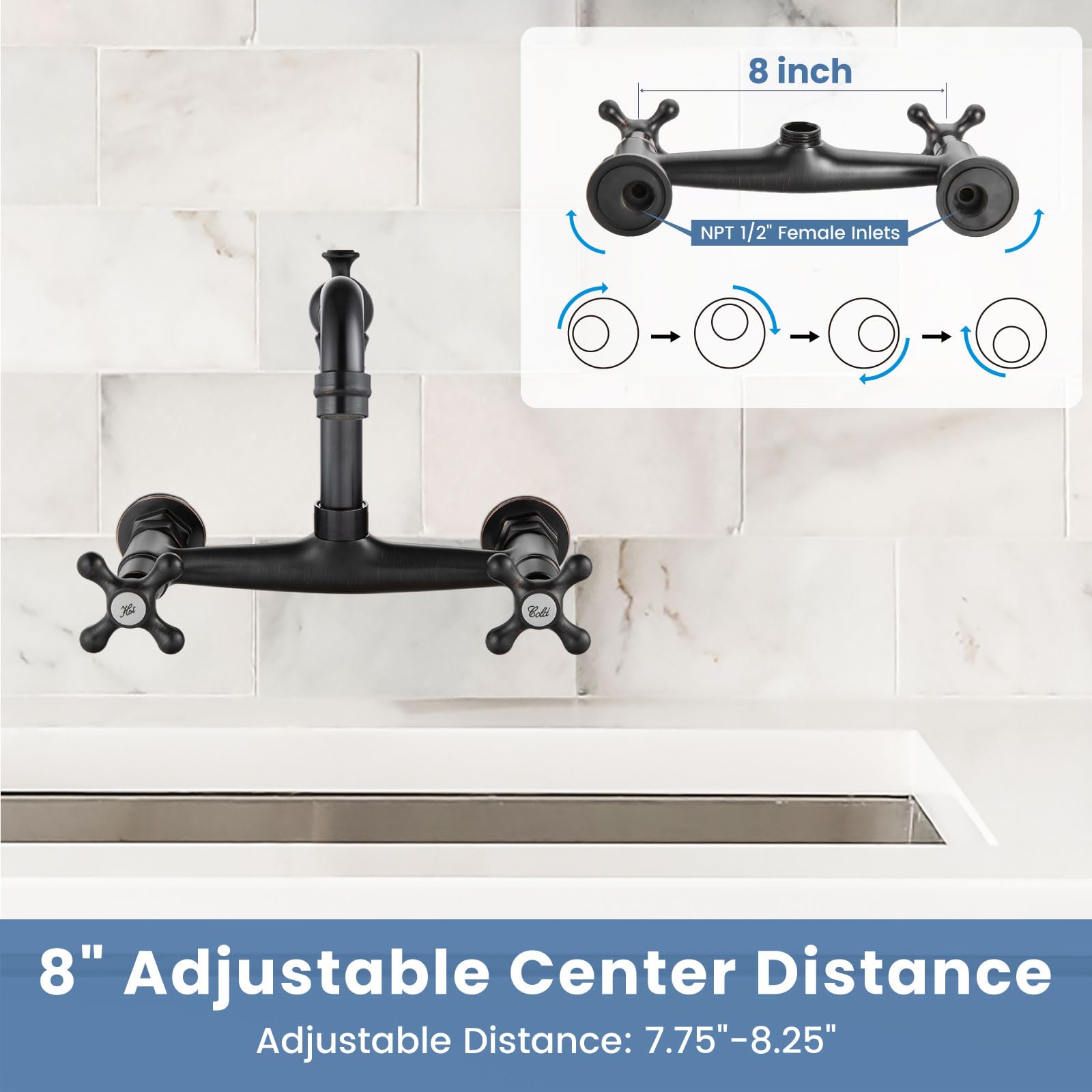 Airuida Grifo central comercial de bronce aceitado de 8 pulgadas para fregadero de cocina y lavabo de montaje en pared grifo 2 agujeros doble cruz asas 360 giratorio