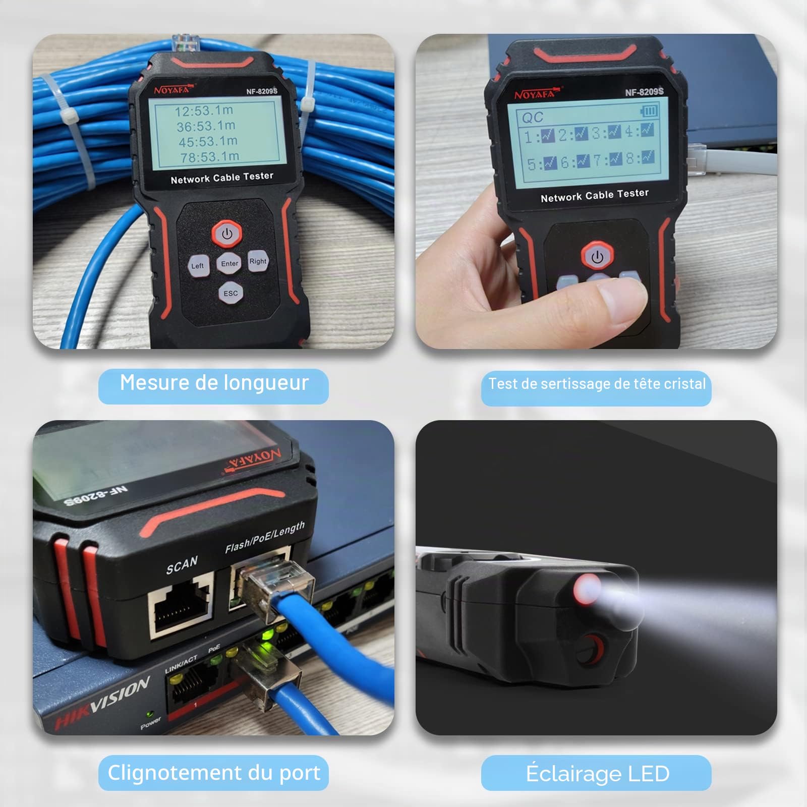 NOYAFA Testeur de câble réseau avec POE, traceur de fils avec test de longueur de câble, clignotement de port, NCV pour câble réseau, prend en charge le chargement de type C NF-8209S