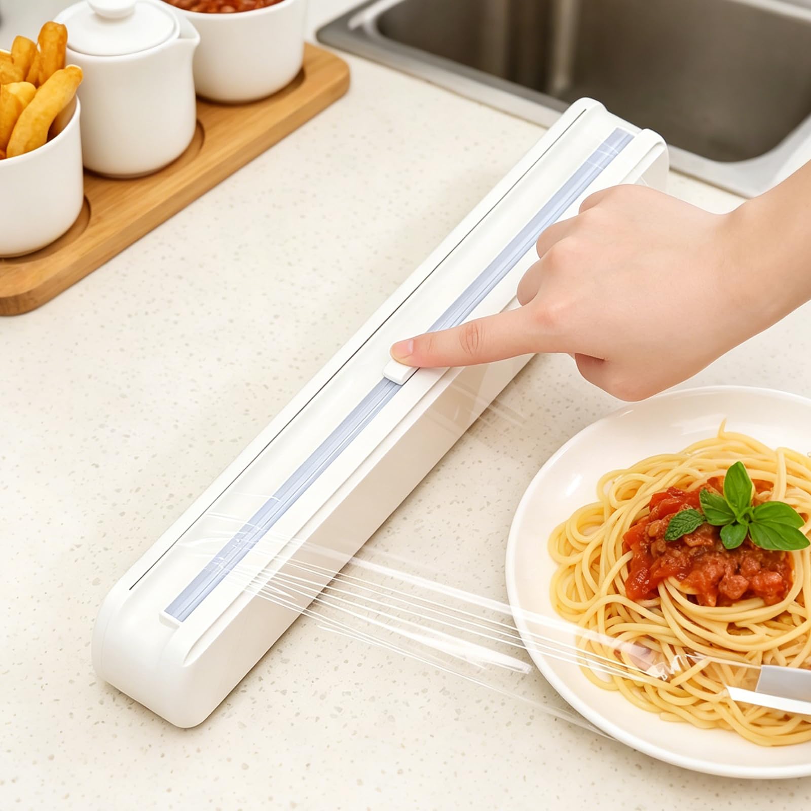 Vauki Distributeur 2 en 1 Film Alimentaire & Aluminium, Dérouleur Pratique avec Coupe Intégré, Accessoire Cuisine Organisé Conservation Alimentation Quotidienne Résistant Fonctionnel