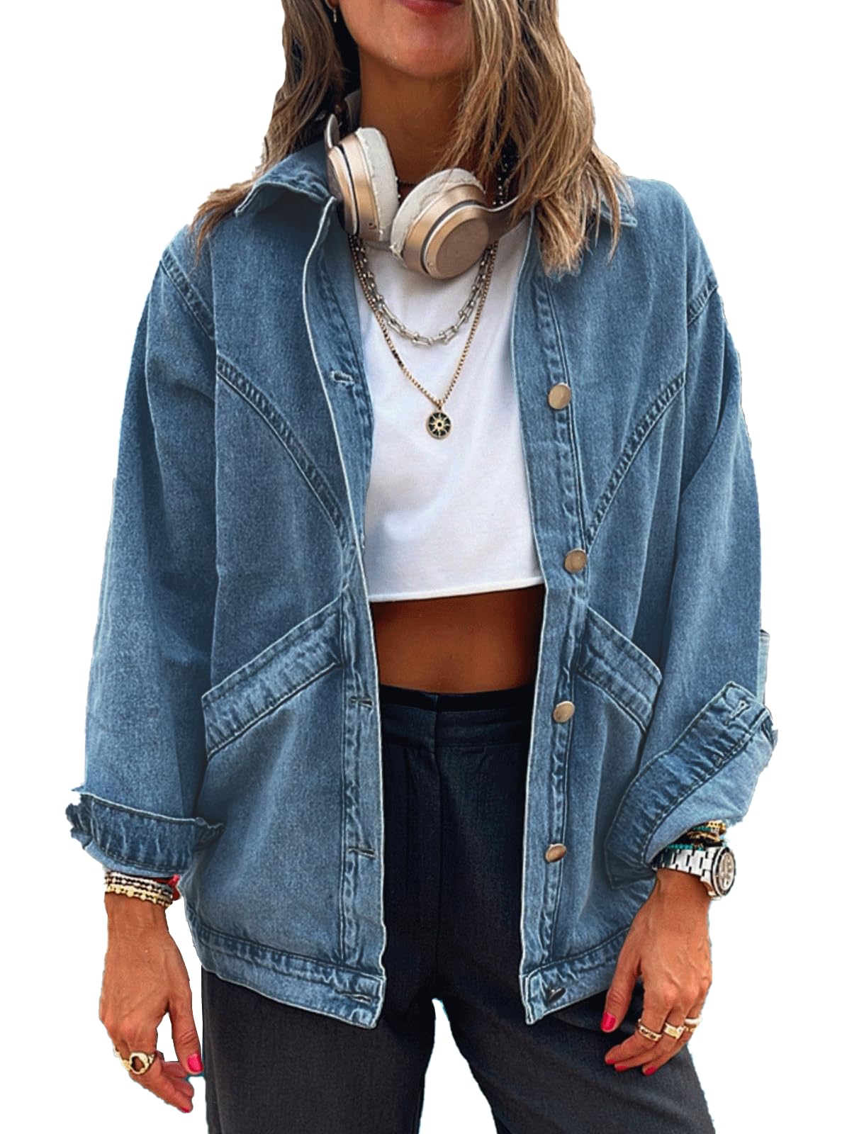 Womens Casual Oversized Button Up Denim Jackets Shacket Long Sleeve Pockets Denim Jean Jacket with Huge Pockets