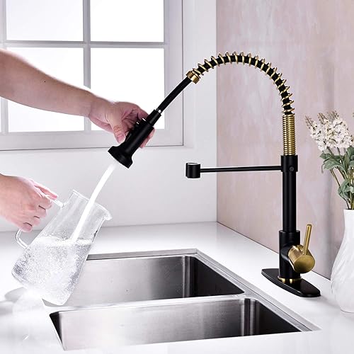 Miniatura 7 de Grifo de fregadero de cocina, grifo de cocina de latón macizo con rociador desplegable de 3 funciones, grifo de cocina negro y dorado