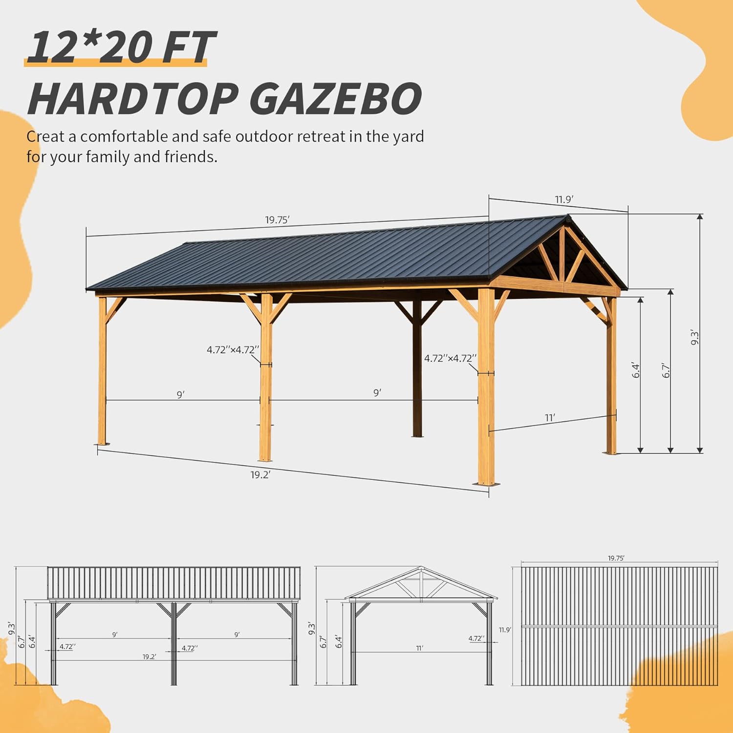 Domi 12’ x 20’ Hardtop Gazebo, Wooden Coated Aluminum Frame Canopy with Galvanized Steel Gable Roof, Outdoor Permanent Metal Pavilion for Patio, Deck and Lawn