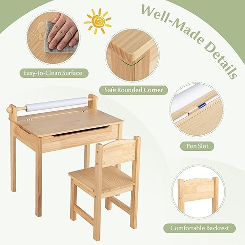 Miniatura 11 de HONEY JOY Juego de mesa y silla para niños, escritorio y silla de madera con cajón, soporte para rollo de papel y 2 rotuladores, juego de mesa de