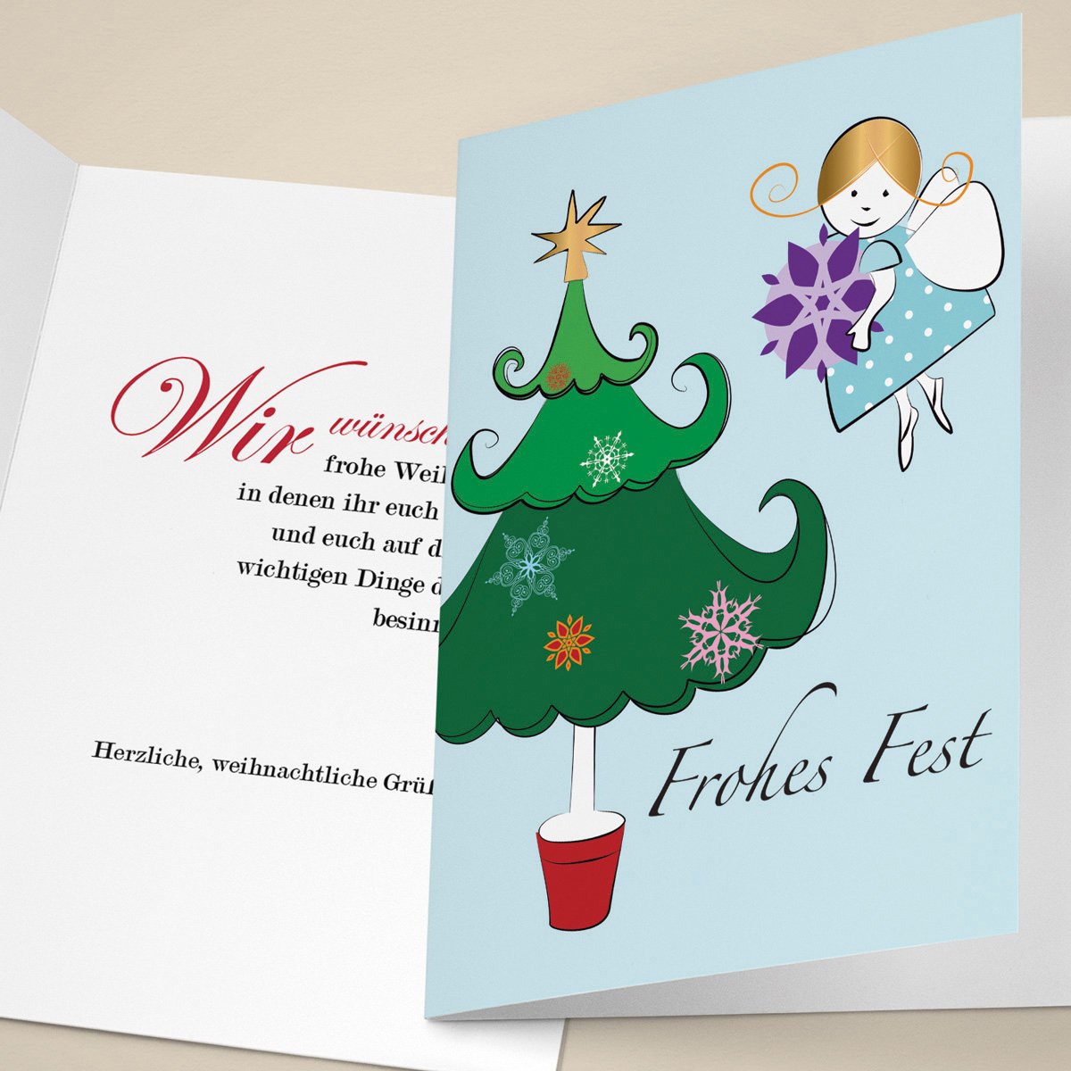 Kartenkaufrausch 100er Set Nette Business Weihnachtskarten mit Engel beim Weihnachtsbaum schmücken, innen Ihr Text (Var5) gedruckt, als Weihnachtspost: Frohes Fest