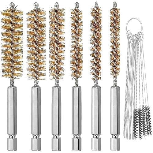 6 cepillos de latón en diferentes tamaños + 15 agujas de limpieza, herramientas de cepillos de nailon, cepillo de alambre trenzado con mango de 1/4