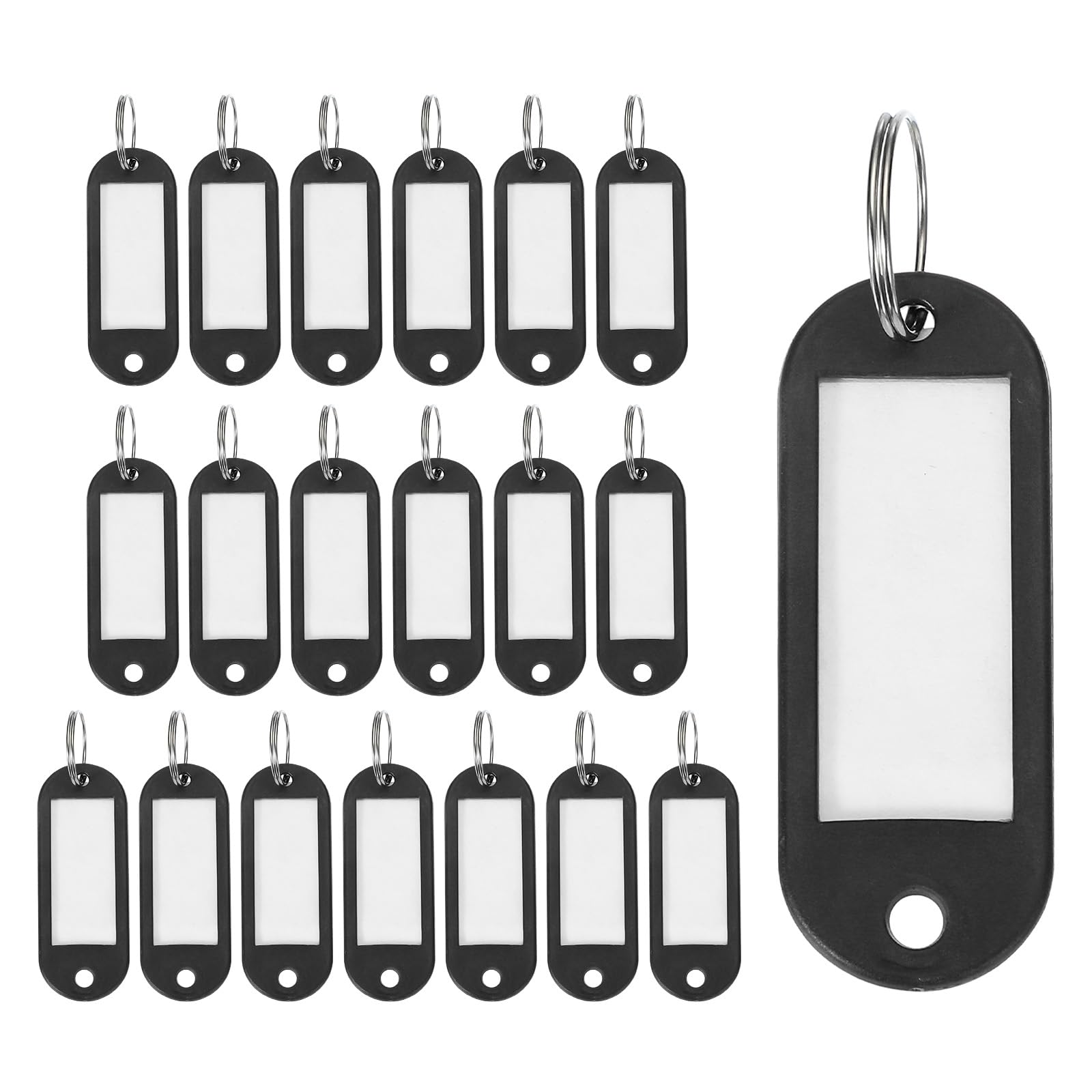 uxcell 20pcs Plastic Key Tags, Keys Ring Tag Identifier Keychain with Split Ring Labels Window for Luggage ID Name Pet Tags, Black