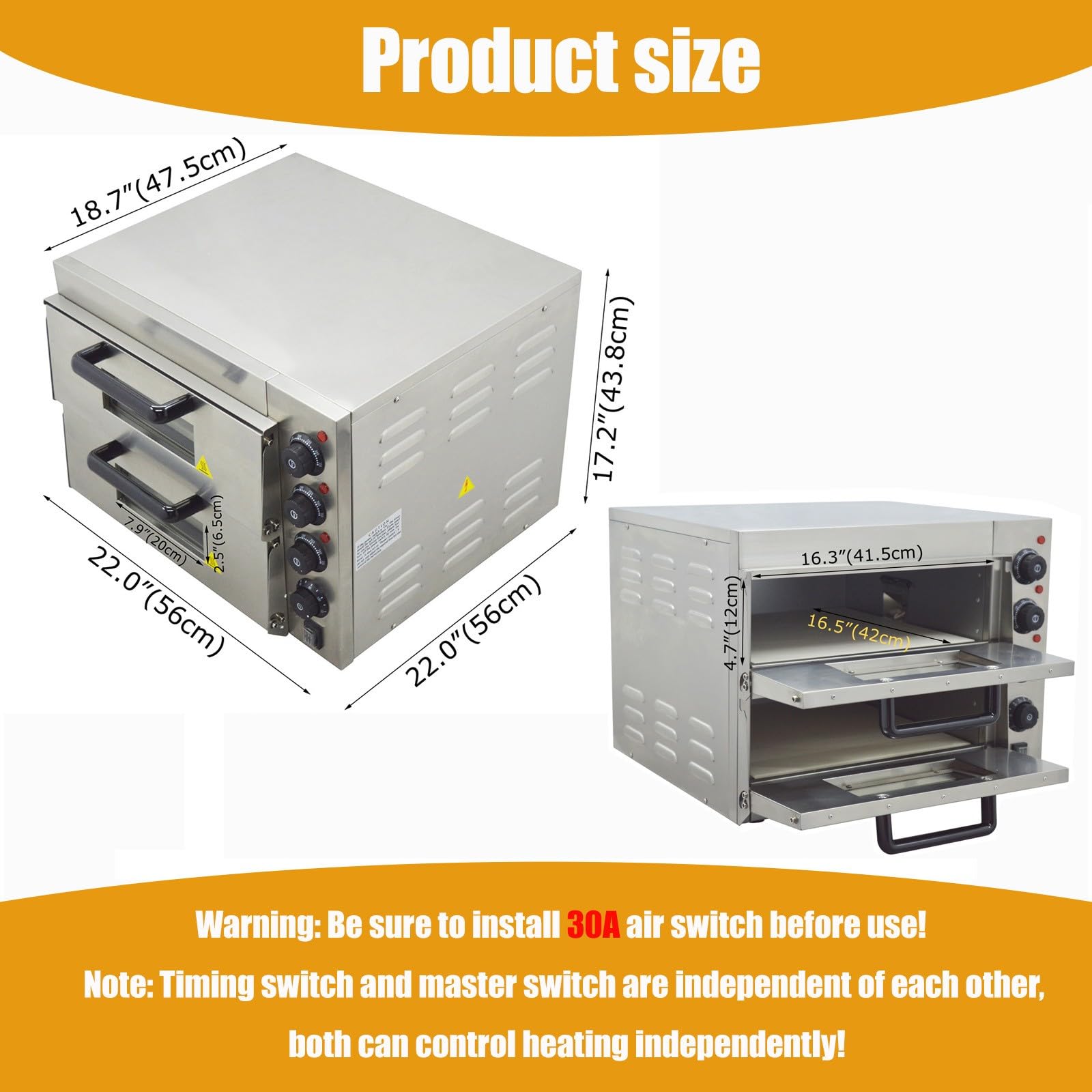 Horno de pizza comercial de 110 V, encimera eléctrica de doble piso, máquina para hornear pizza de 16 pulgadas, horno portátil de acero inoxidable de 3KW con control de tiempo, 0-120 2