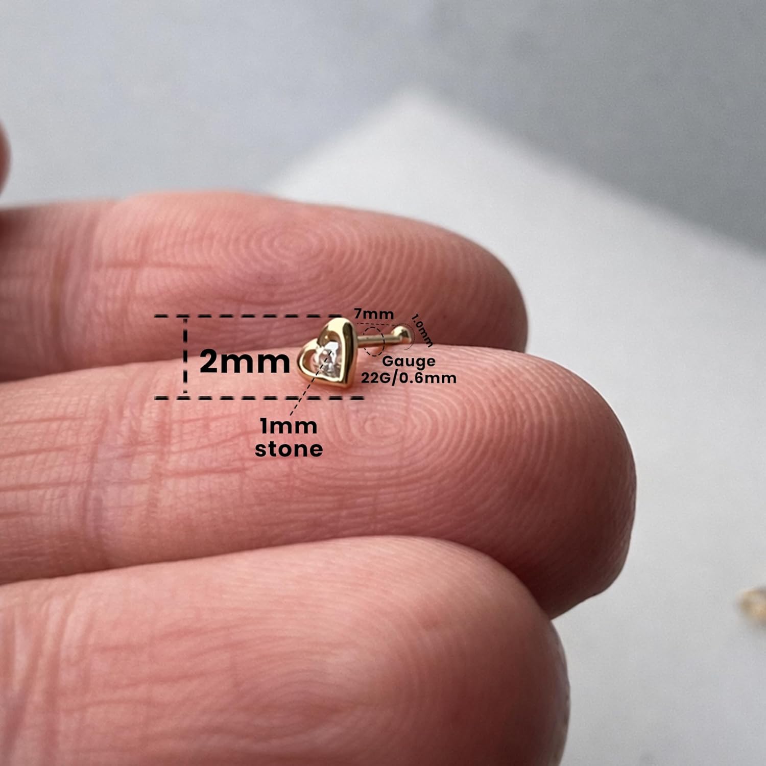 Ellie J Maui 14K Solid Gold Heart Nose Stud with Faux Diamond | Tiny Bone Nose Stud Pin | Nose Ring Stud | Piercing Jewelry | Small Gold Nose Piercing Jewelry | Nose Studs for Women - Image 2