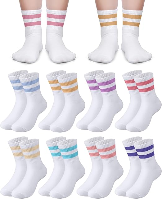8 Pairs Kids Stripe Socks Cotton Crew Socks Colorful Retro Stripe Athletic Hosiery for School Kids