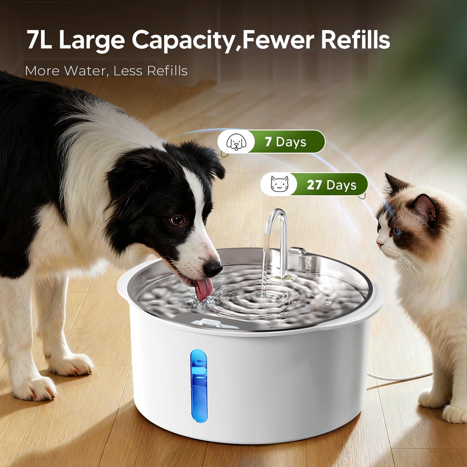 Fuente de agua para perros grandes, fuente de acero inoxidable de 1.8 galones/7 litros, dispensador de cuenco de agua para perros con ventana de visualización y LED, súper silenciosa, filtros de