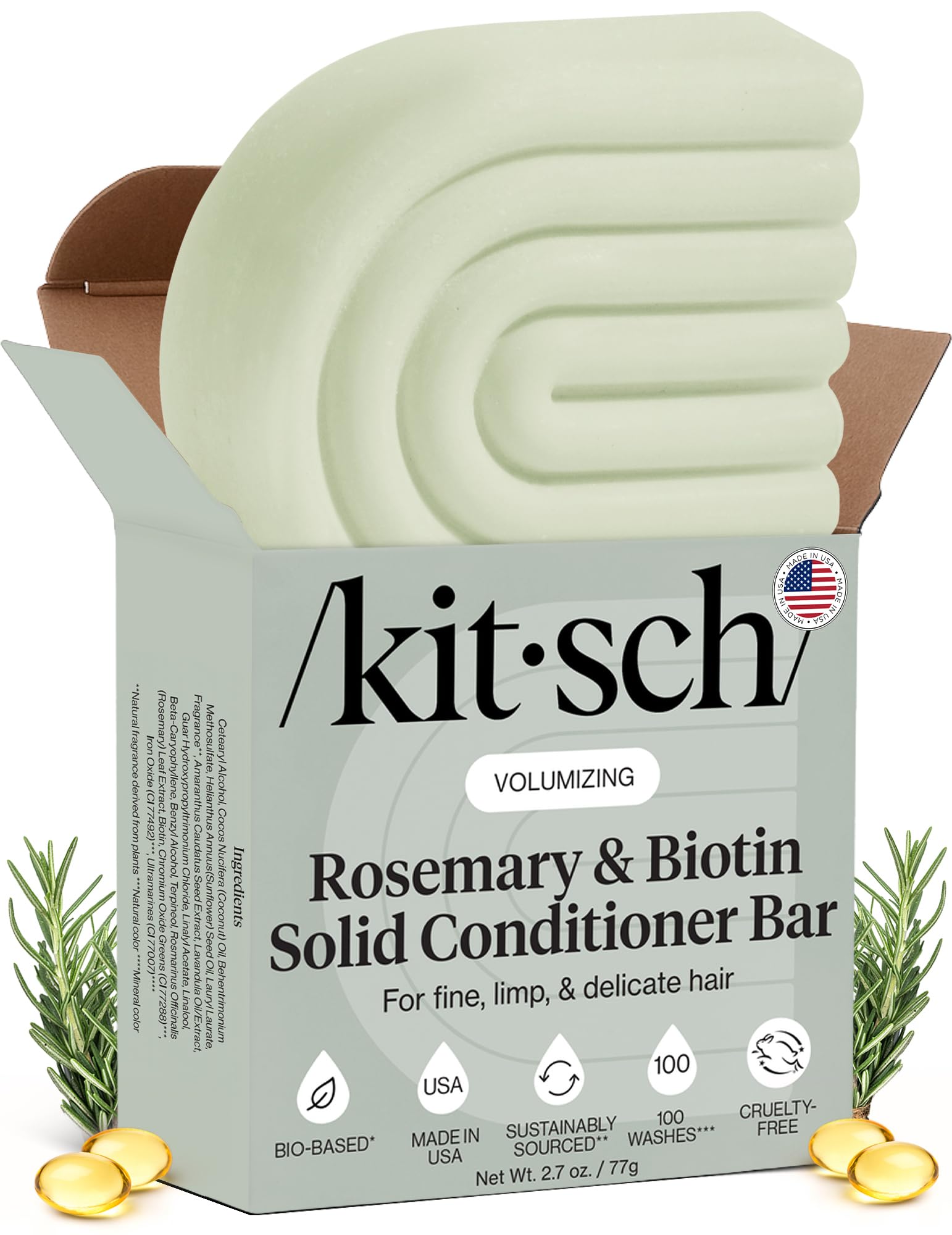 Kitsch Rosemary & Biotin Natural Hair Conditioner Bar, Organic, Vegan, Volumizing, Idrating & Cleansing Conditioner for Curly or Straight Hair, Plastic, Paraben & Solfati Free, Eco Friendly, 2,​7 oz