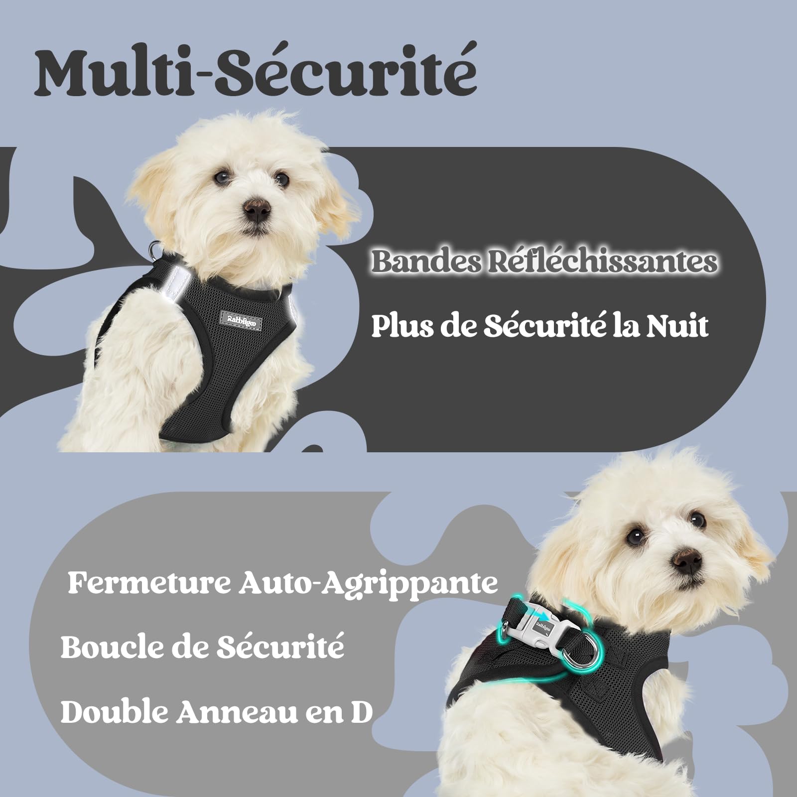 rabbitgoo Harnais Chien Petite Taille Noir S, Harnais Chiot Respirante en Maille Souple, Arnet pour Chien Réfléchissant Facile à Mettre, Gilet Réglable pour Petits et Moyens Chiens pour Marche Course