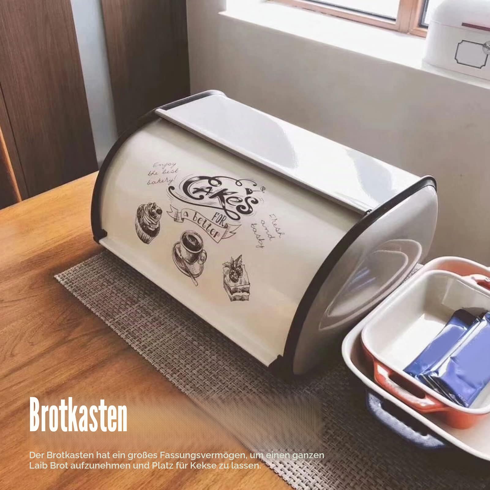 Ejoyous Brotkasten mit Rolldeckel, Große Kapazität Brotbox Brotbehälter Aufbewahrung für Backwaren Retro Brotkiste Brotbehälter, für Brot Brötchen Kuchen