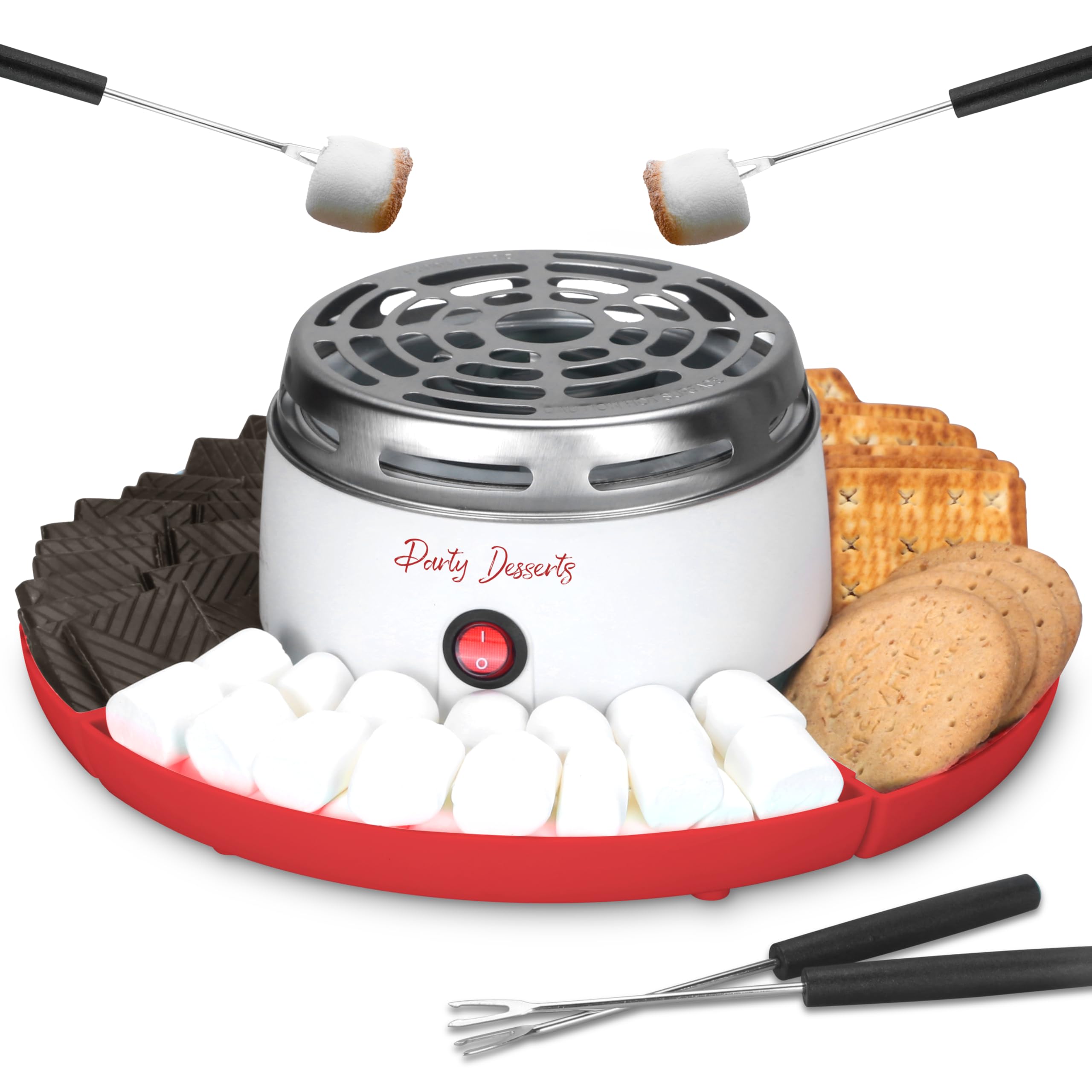 Party Desserts Electric Smores Maker Tabletop Indoor Kit, Indoor Marshmallow Roaster, Smores Station with 4 Compartment Trays & 4 Forks, Great Gift for Adults and Kids in Holidays and Parties (Red)