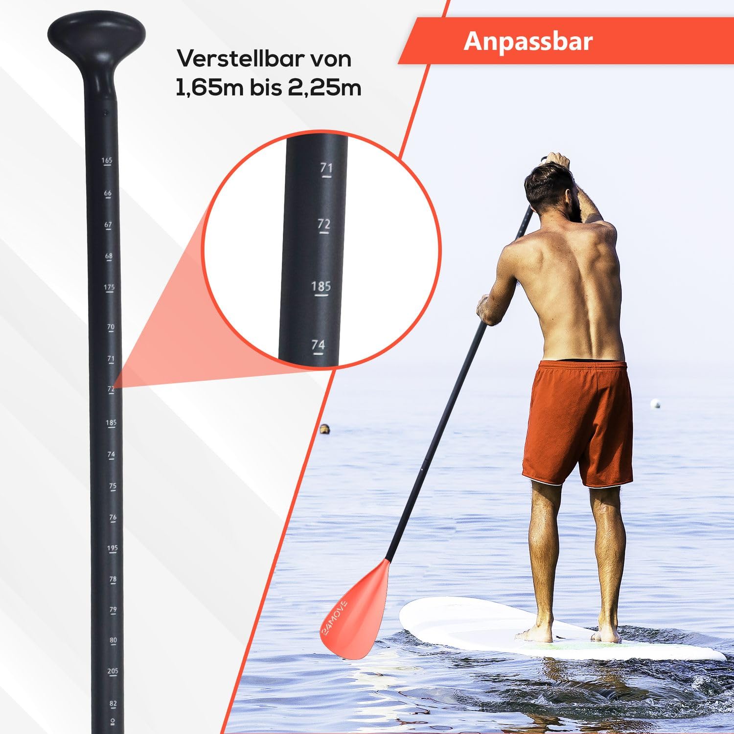 24MOVE® Paddel Doppelpaddel 2 in 1 Teleskoppaddel Stechpaddel und Einzelpaddel