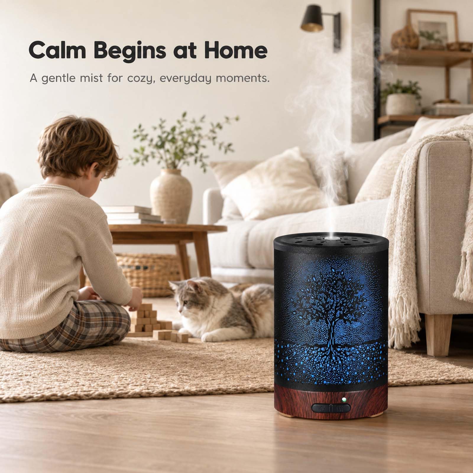 Diffusore di oli essenziali, diffusore per aromaterapia, con luce in 7 colori e spegnimento automatico, umidificatore a nebbia fredda in metallo, per casa e ufficio (albero)